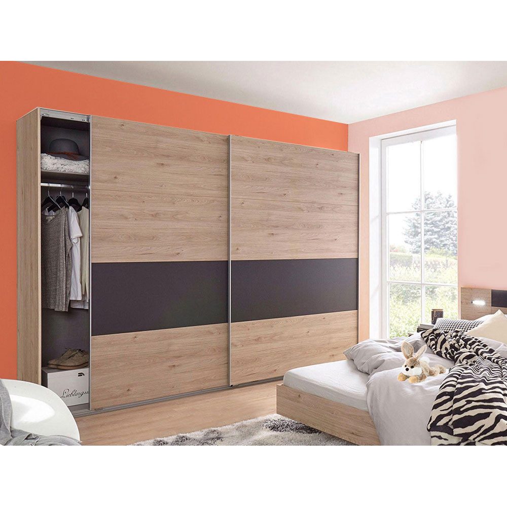 Wimex Schwebetürenschrank Angie (mit Schiebetüren, Kleiderstangen und Einlegeböden, 1-St., moderne Optik, alufarbene Griffleiste aus Metall) 225x65x210cm hickory oak graphit