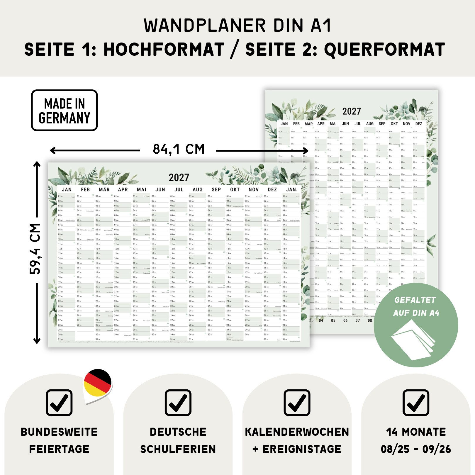 heaven+paper Jahresplaner Wandplaner 2027 Eukalyptus – DIN A1, beidseitig bedruckt, Hergestellt in Deutschland – Bild 5 von 5