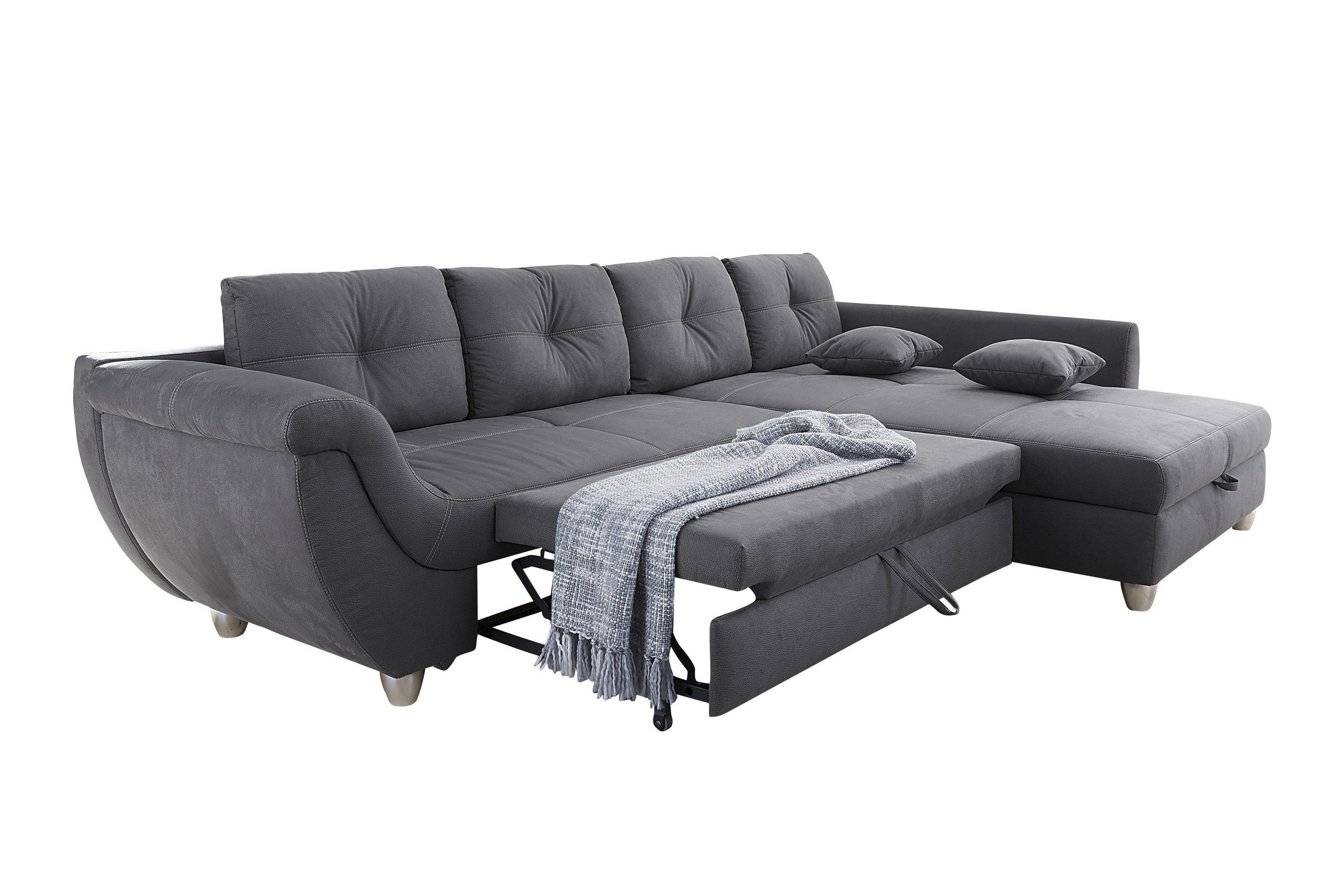 luma-home Ecksofa 15230, mit Schlaffunktion und großem Bettkasten B330/T207/H90 cm, Liegefläche 153x270 cm, Wellenunterfederung, Ottomane links oder rechts montierbar, Mikrofaser-Bezug Grau