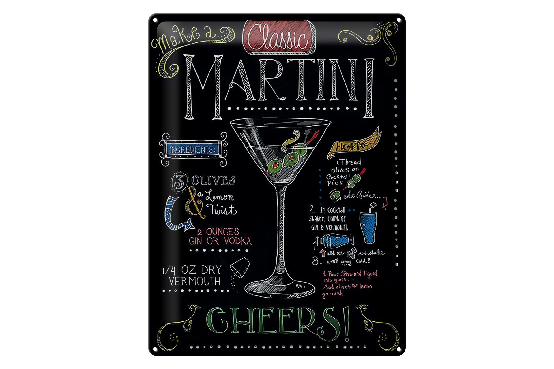 Femer GmbH Metallschild Cocktail 30x40 cm Classic Martini Rezept Tafeloptik, (1 St), gewölbte Oberfläche, abgerundete Ecken, umgeschlagene Kanten