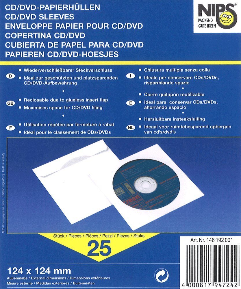 NIPS CD-Hülle CD/DVD-Papierhüllen (25 Stück), mit Steckverschluss, transparentes Sichtfenster