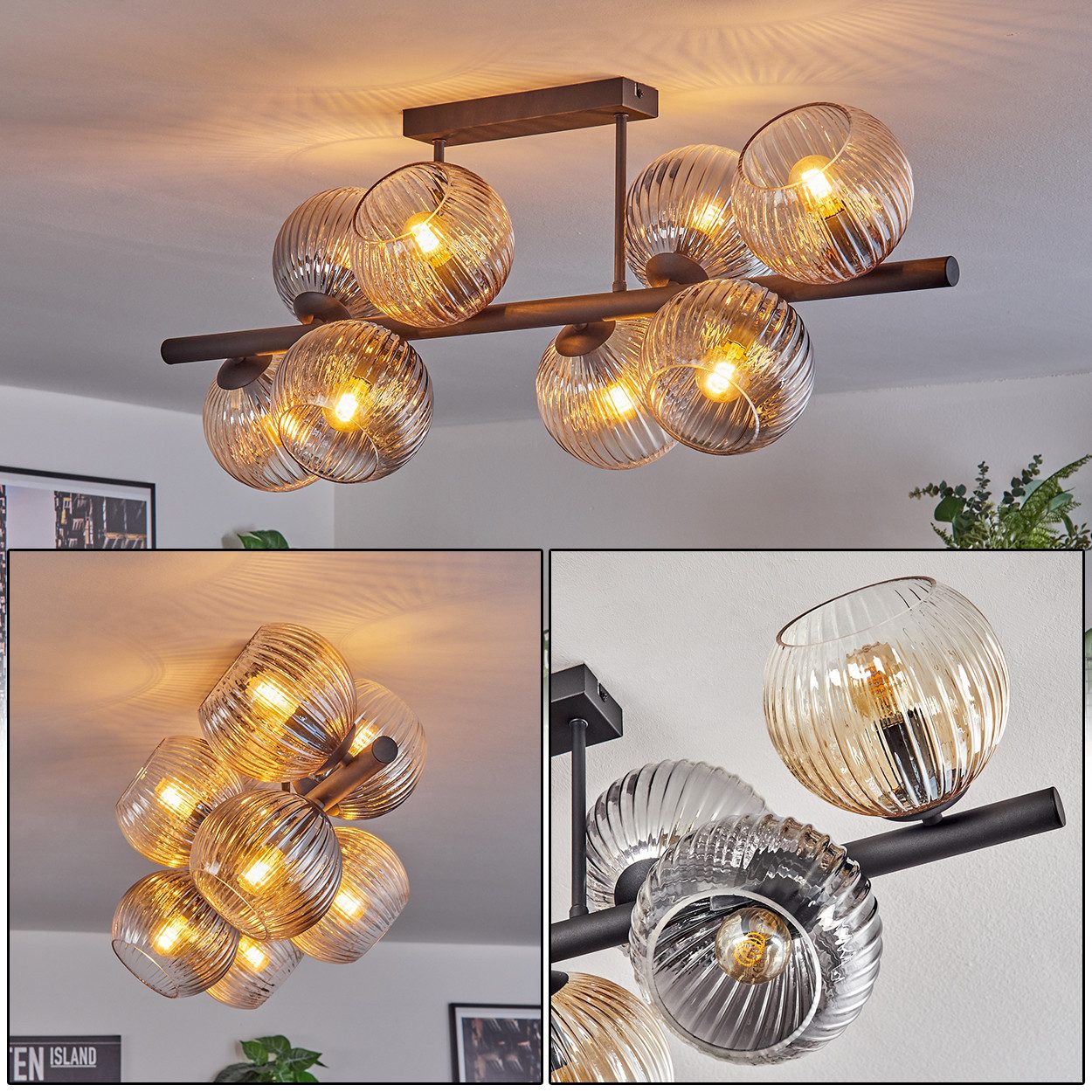 Deckenleuchte Deckenlampe aus Metall/Riffelglas in Schwarz/Bernstein/Rauch/Klar