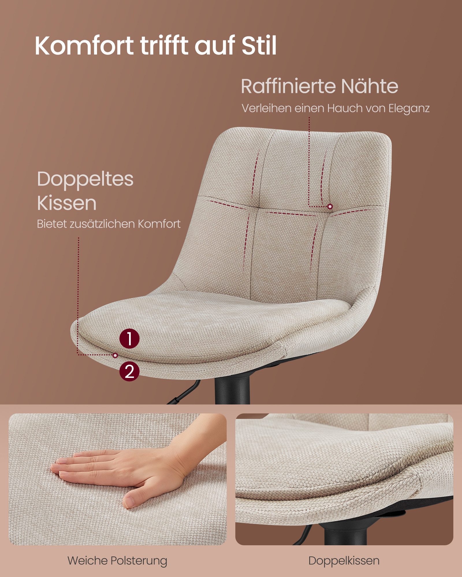 VASAGLE Barhocker Barstühle höhenverstellbar (Set, 2 St), Esszimmer, mit Rückenlehne und Fußstütze, drehbare Küchenhocker, Theke – Bild 5 von 5
