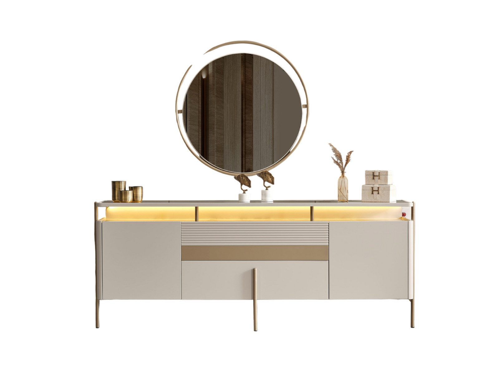Villa Möbel Sideboard (Sideboard, 1 St., 217 × 45 × 85 cm), Sideboard Stauraum Beige Goldoptik pflegeleicht