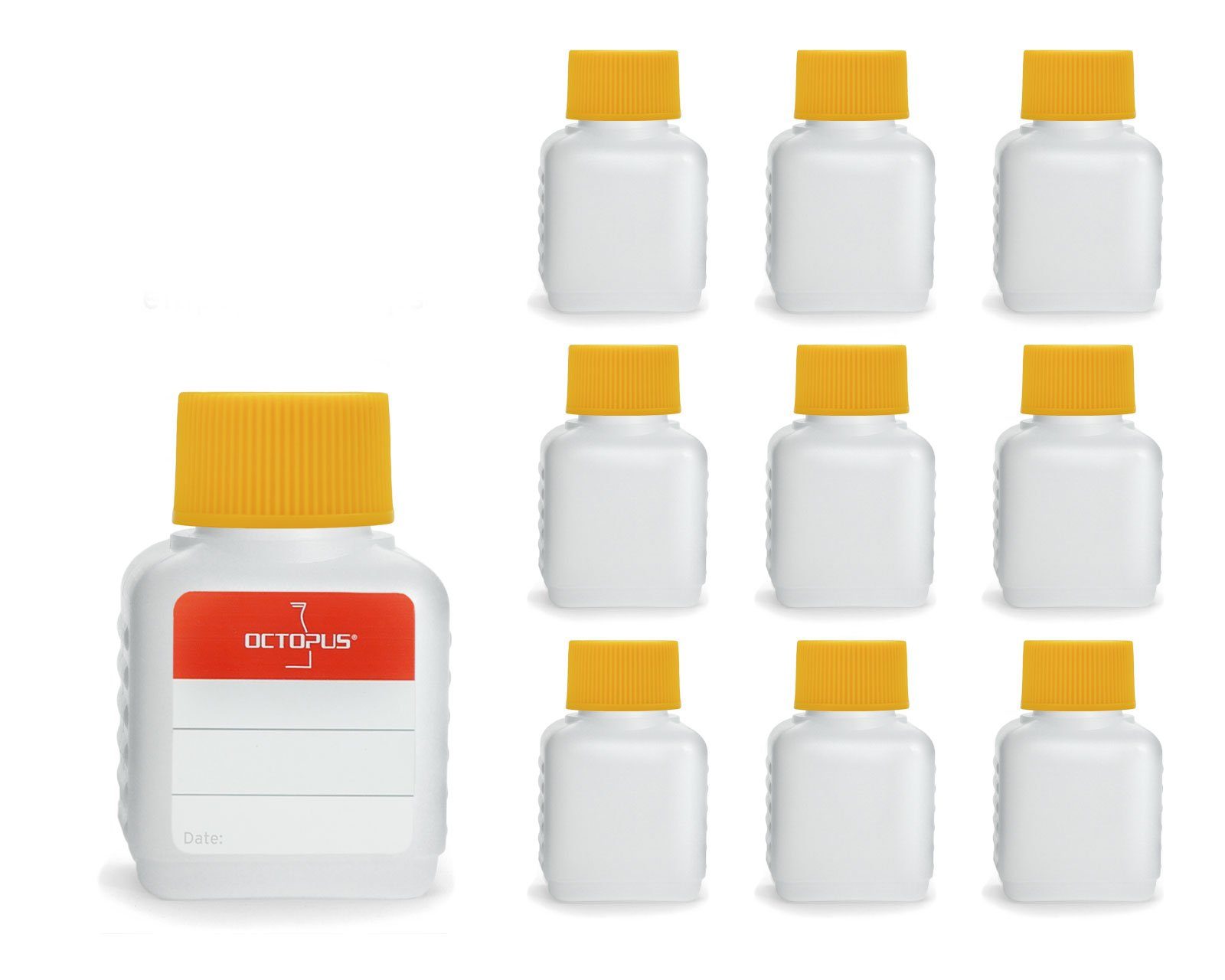 OCTOPUS Kanister 10 x 50 ml Kunststoffflaschen, Plastikflaschen aus HDPE mit gelben (10 St)