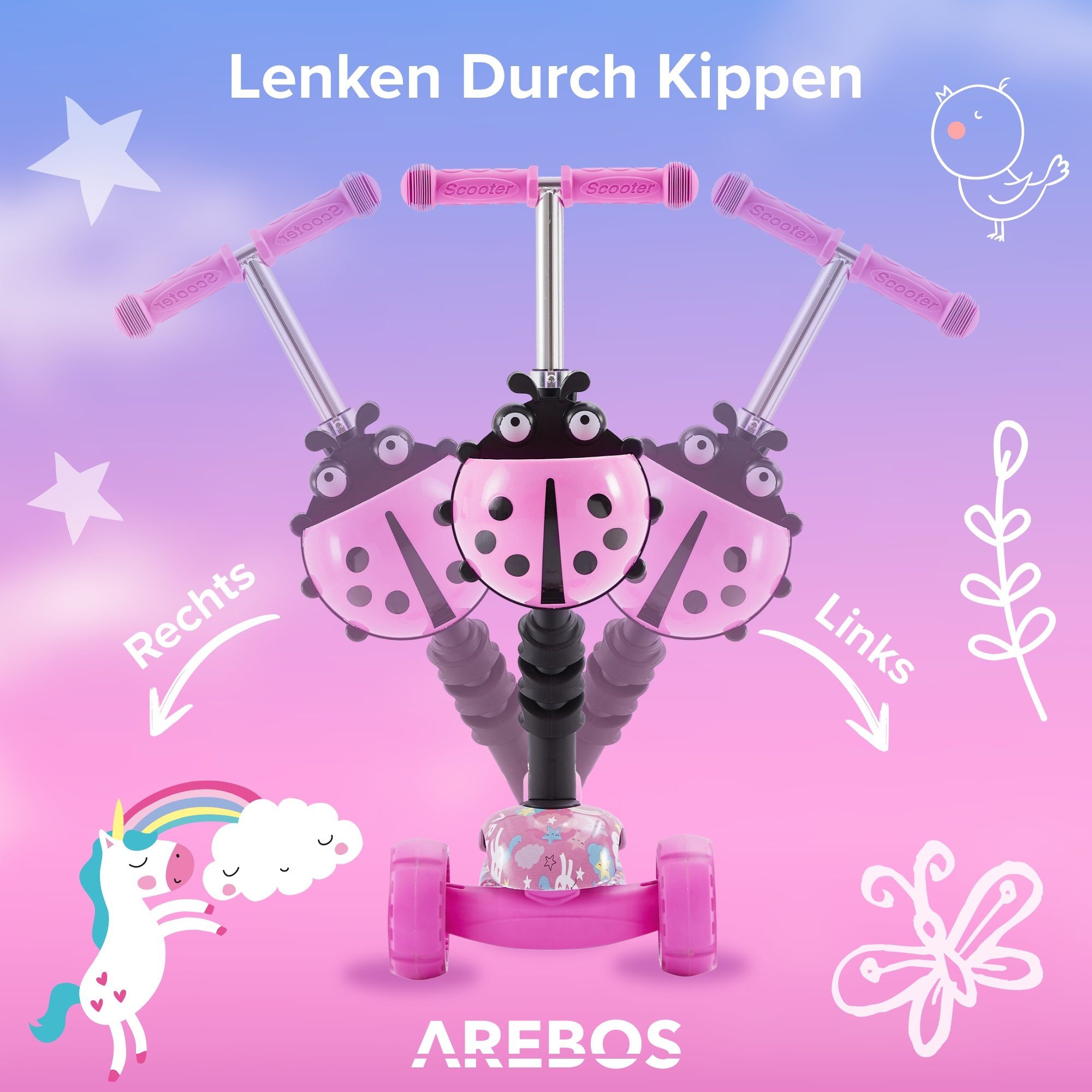Arebos Scooter Kinder Cityroller, Tretroller, LED-Räder Pink