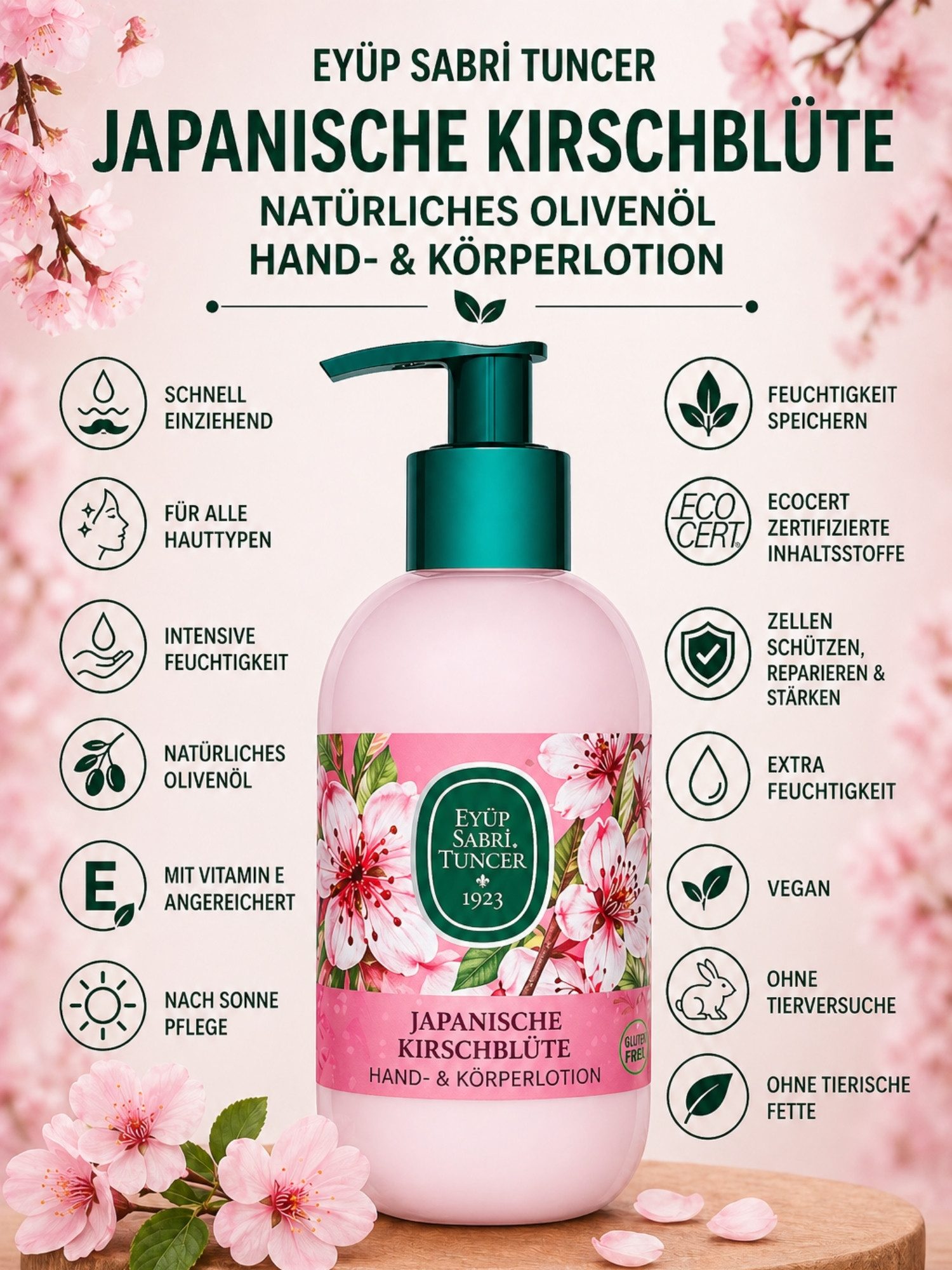 EYÜP SABRI TUNCER Körperlotion Vegan Hand & Körper Lotion mit Vitamin E für alle Hauttypen, Vegan, Dermatologisch getestet, Glutenfrei, Mit Vitamin E