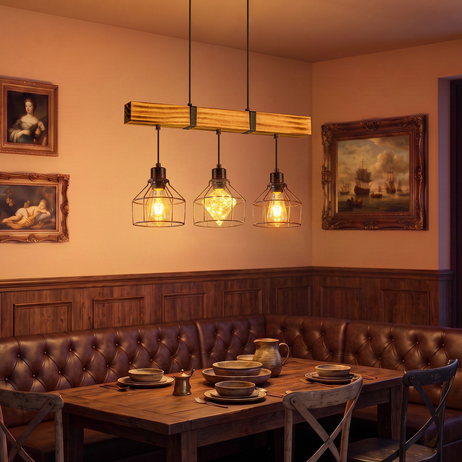 Nettlife Pendelleuchte Esstisch 3/4flammig Holz Schwarz Retro Industrial Hängelampe E27, ohne Leuchtmittel, Höhenverstellbar für Esszimmer Küche Wohnzimmer Bar – Bild 4 von 5