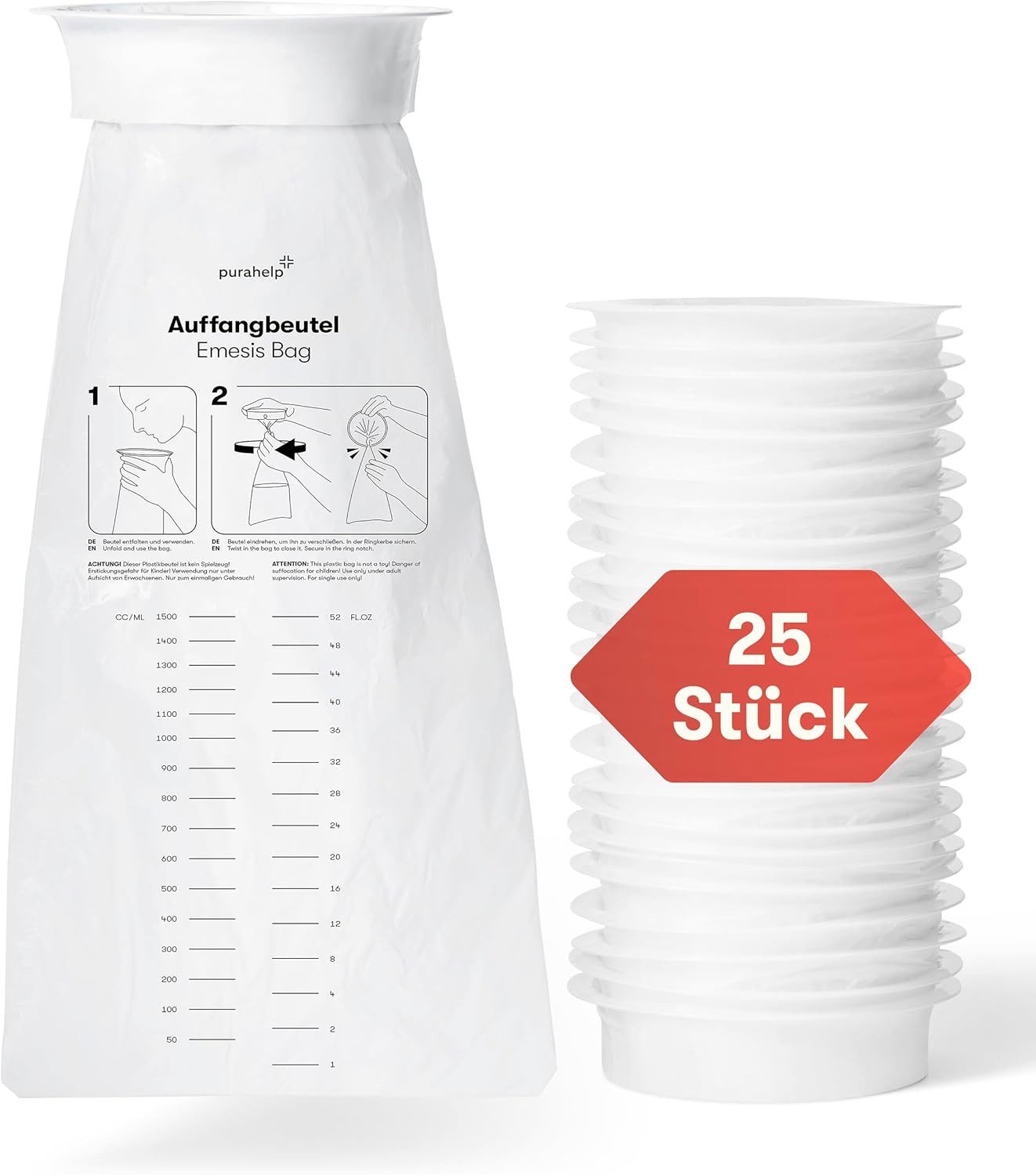 Purahelp Spucktuch Spuckbeutel 1500 ml (25 Stück) - Kotzbeutel mit Ring, (Praktische Spucktüten für Reisen & Notfälle, 25-tlg., Robuste Brechbeutel für Unterwegs), Kotztüten für Auto & Kinder