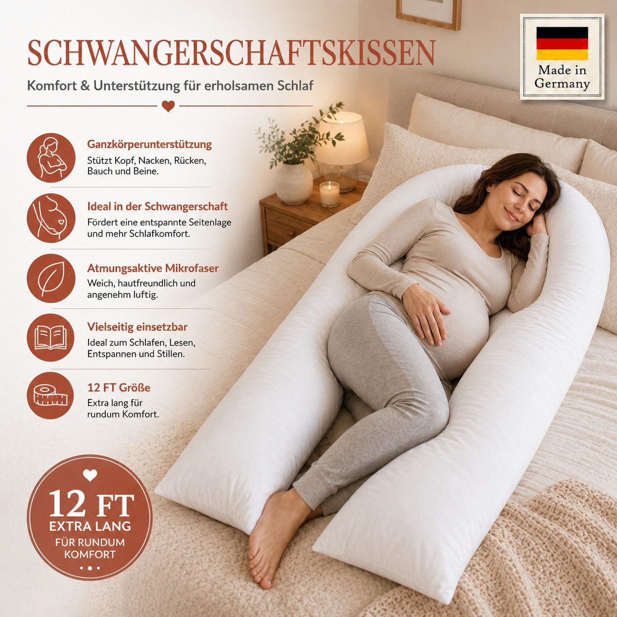 NEXGEN Luxus Baumwollkissen U-förmiges Schwangerschaftskissen 12 ft mit Bezug, Atmungsaktiv, Füllung: 100 % Polyester-Hohlfaser, Seitenschläfer, Bauchschläfer,  – Bild 4 von 5