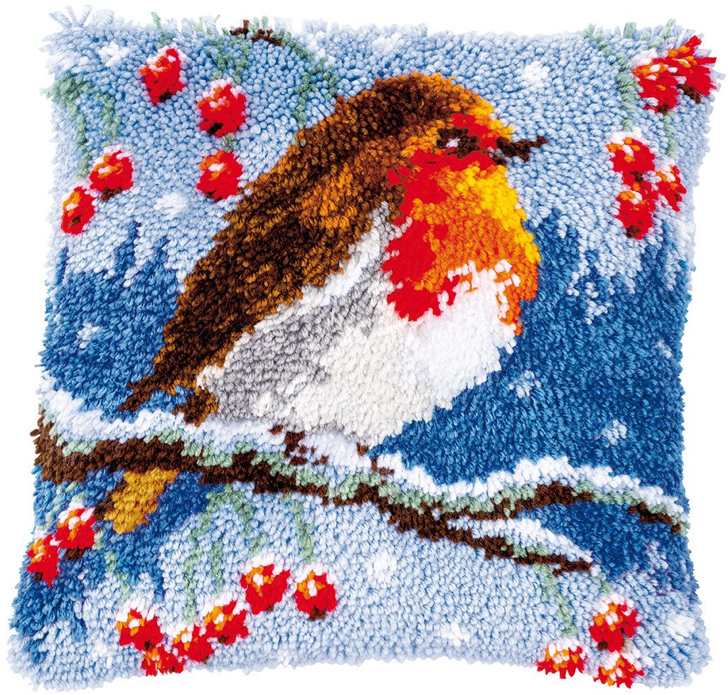 Vervaco Kreativset Vervaco PN-0186012 Knüpfkissen Rotkehlchen im Winter, (Set, Vervaco embroidery Kit), Made in Europe