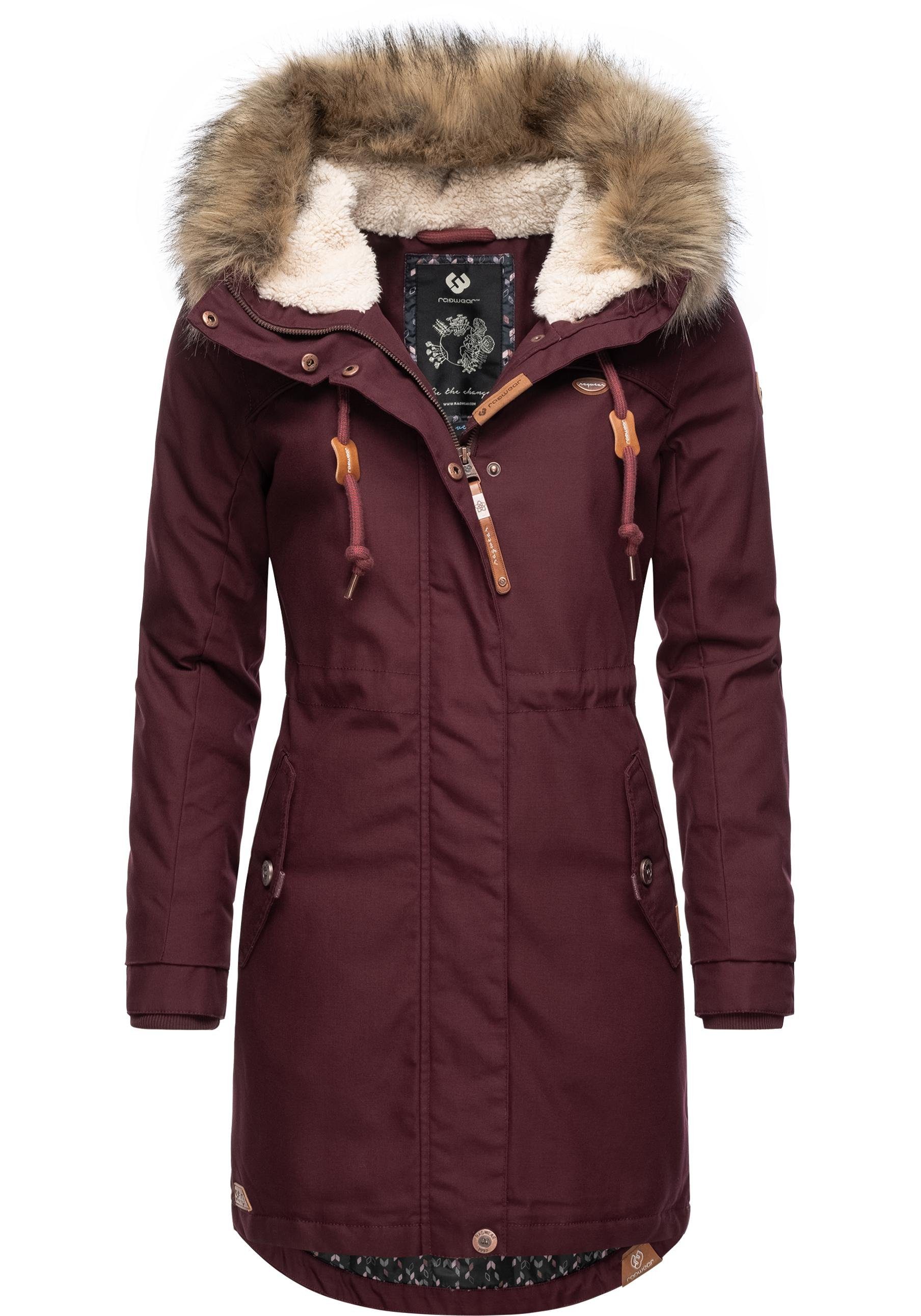 Eleganter Stil Ragwear Winterjacke mit Kunstfellkragen und großer Tawny stylischer dunkelrot Kapuze Winterparka