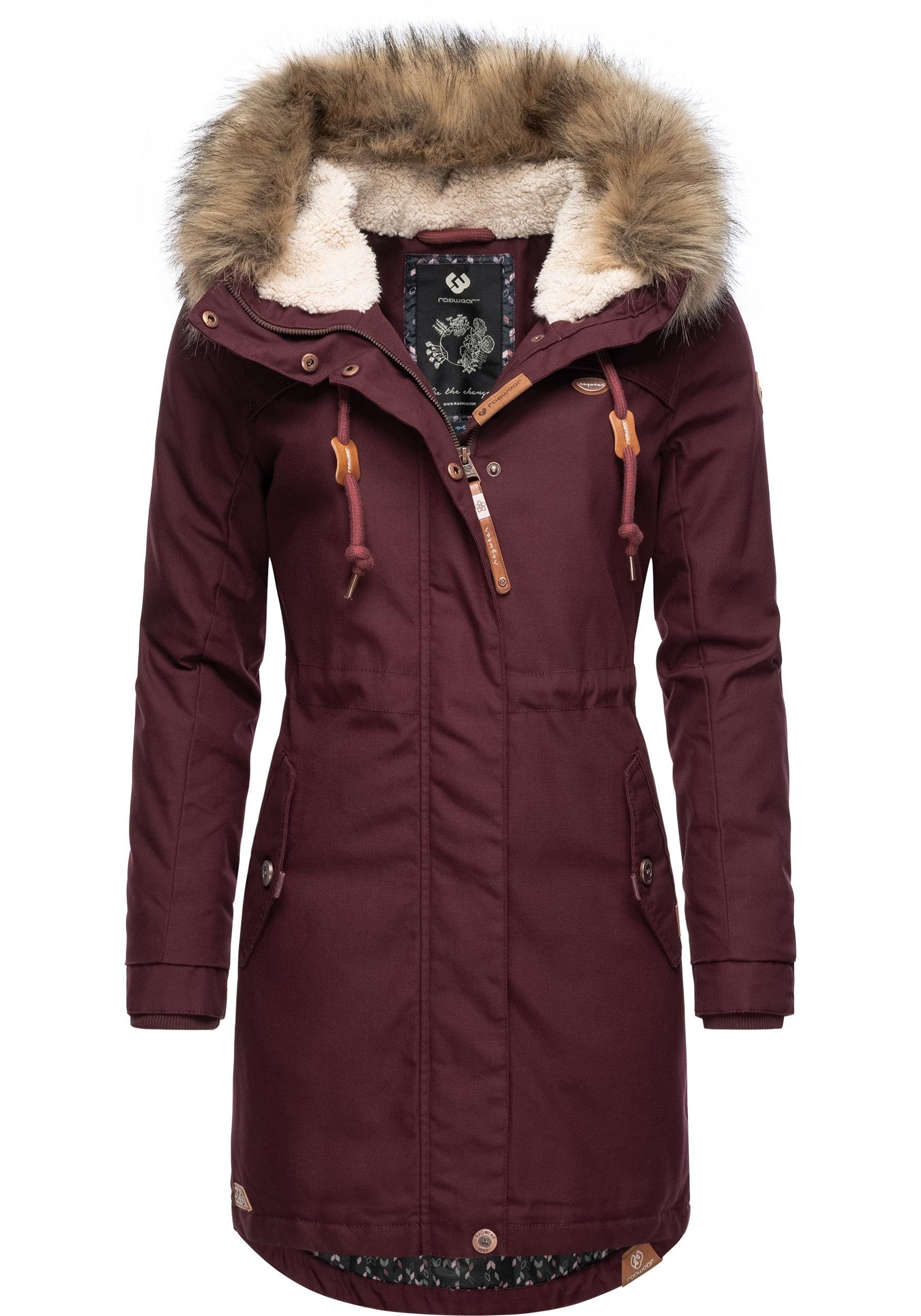 stylischer Winterparka Tawny Winterjacke und dunkelrot mit Kapuze großer Kunstfellkragen Ragwear