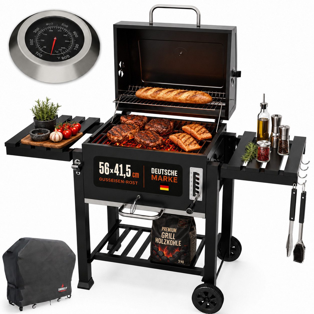 Onbest Holzkohlegrill XXL mit Deckel Thermometer Schutzhülle, 2-faches Gusseisen Grillrost, Ascheschublade