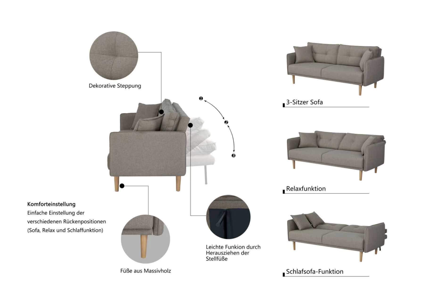 Home affaire Schlafsofa SORENITY, 196 cm, 3-Sitzer, verstellbare Rückenlehne, Klappmechanismus, feiner Webstoff, natürliche Farben