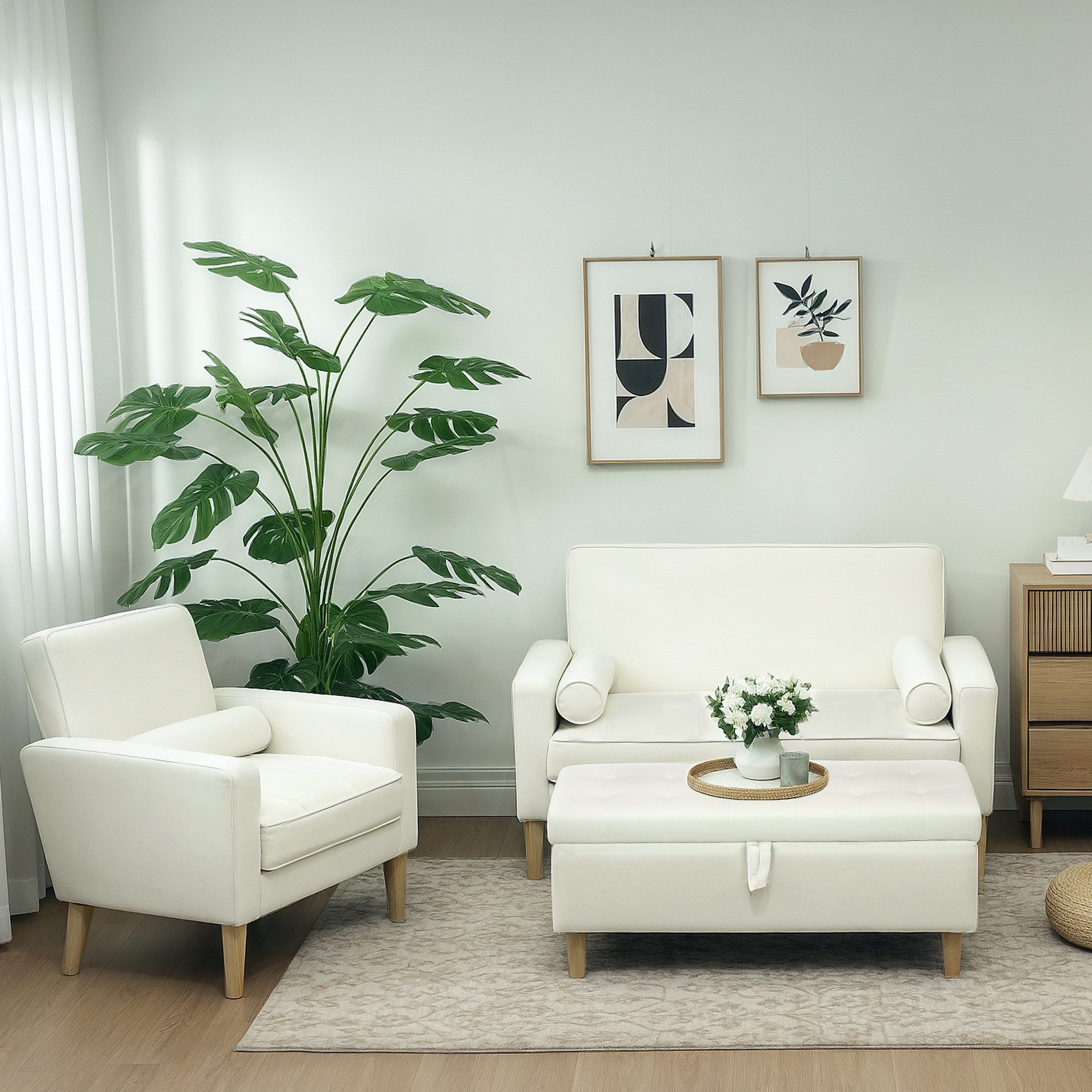 HOMCOM Sitzbank (Aufbewahrungsbank mit Holzbeinen, 1-St., Ottomane mit Stauraum), 84 l, Samtoberfläche, für Schlafzimmer, Flur, Wohnzimmer, Cremeweiß