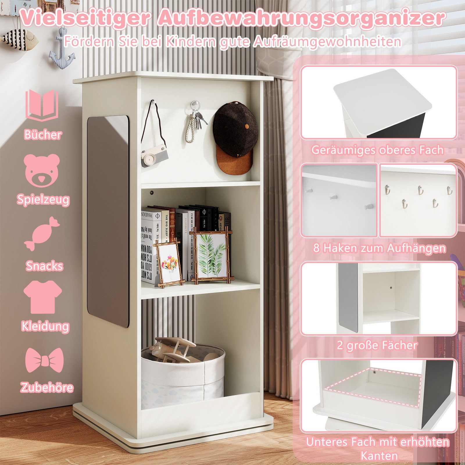COSTWAY Kinderregal, Holz, 360° drehbares Eck-Regal mit Tafel & Spiegel