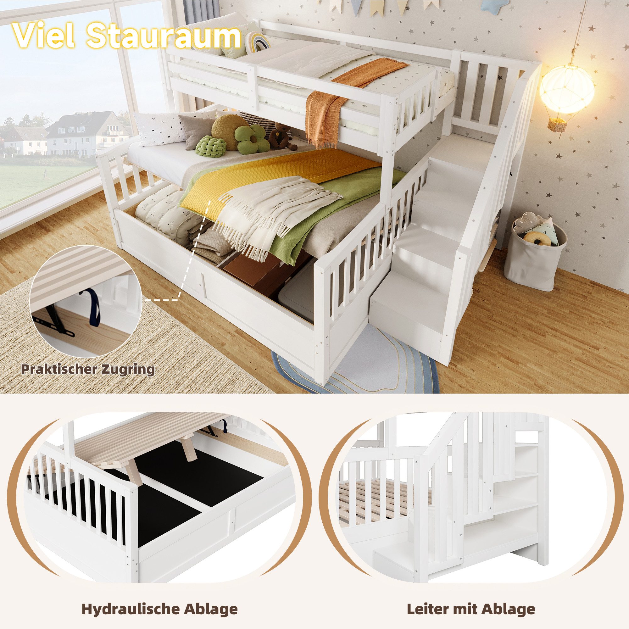 MODFU Etagenbett mit hydraulischem Stauraum, integrierter Ablageleiter (Jugendbett Holzbett,funktionales Mehrpersonenbett, Kinderbett 90x200cm+140x200cm), ohne Matratze