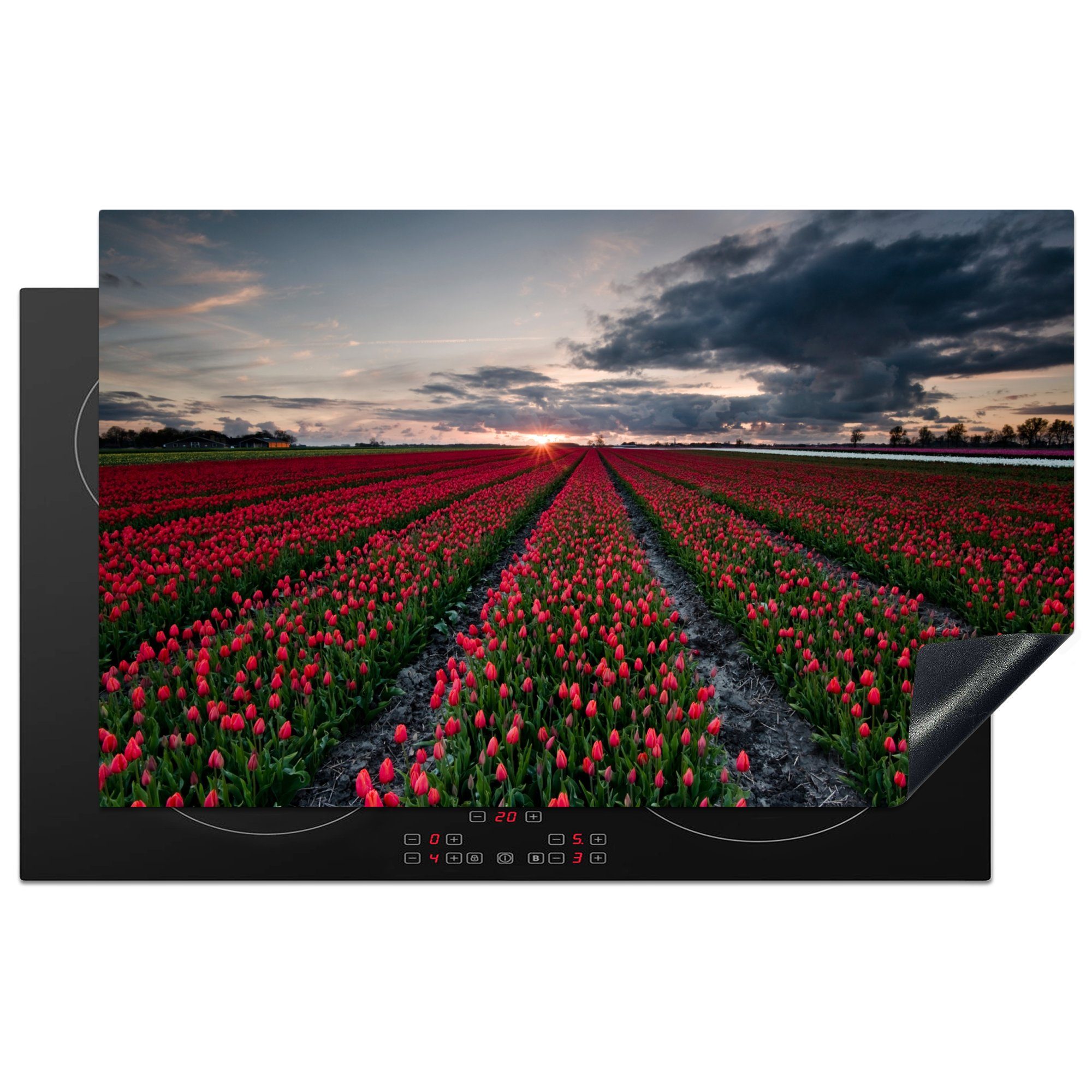 MuchoWow Herdblende-/Abdeckplatte Ein rotes Tulpenfeld im Nordosten der Niederlande, Vinyl, (1 tlg), 83x51 cm, Ceranfeldabdeckung, Arbeitsplatte für küche