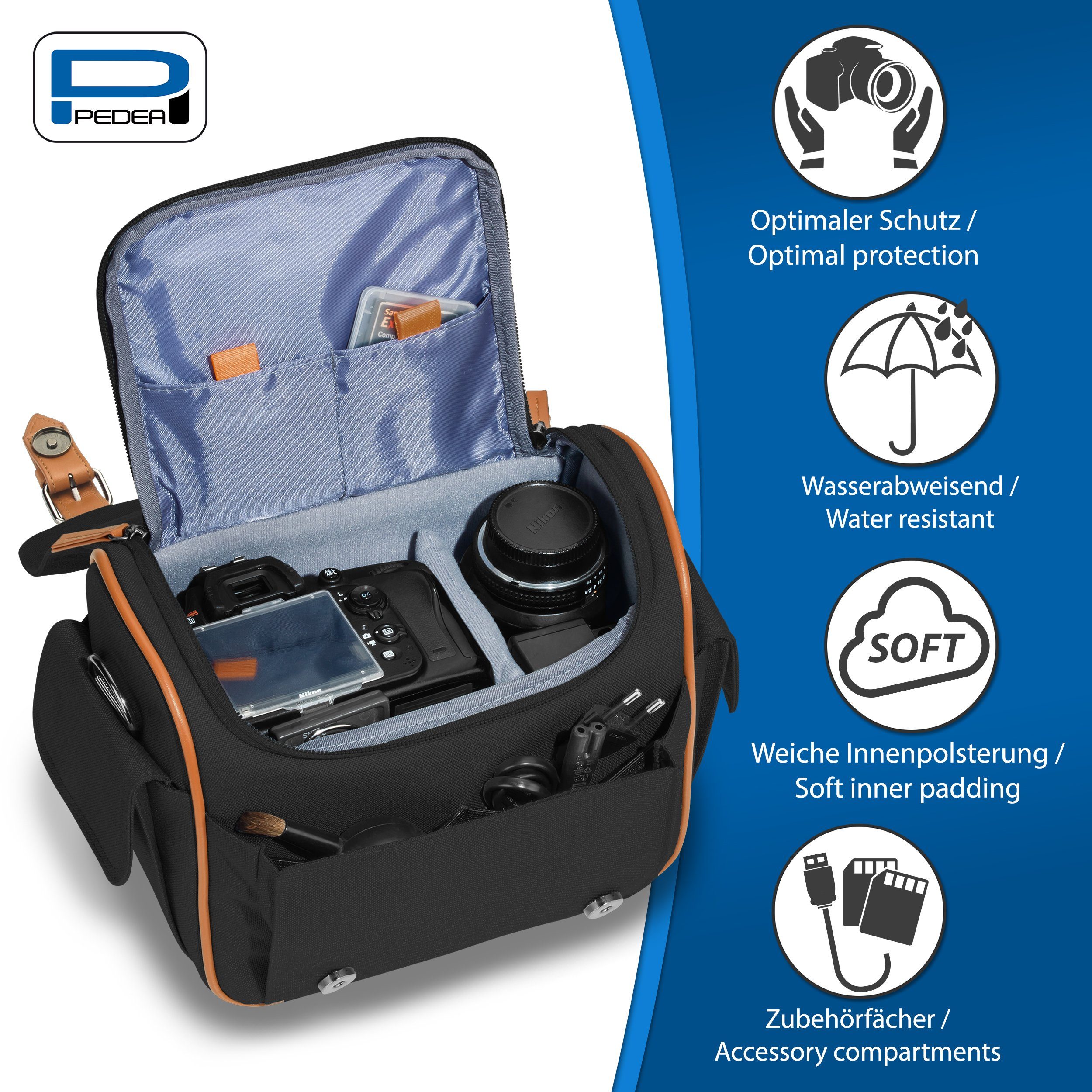 PEDEA Kameratasche VINTAGE Fototasche für Spiegelreflexkamera DSLR SLR, Regenschutz, Schultergurt, Zubehörfächer