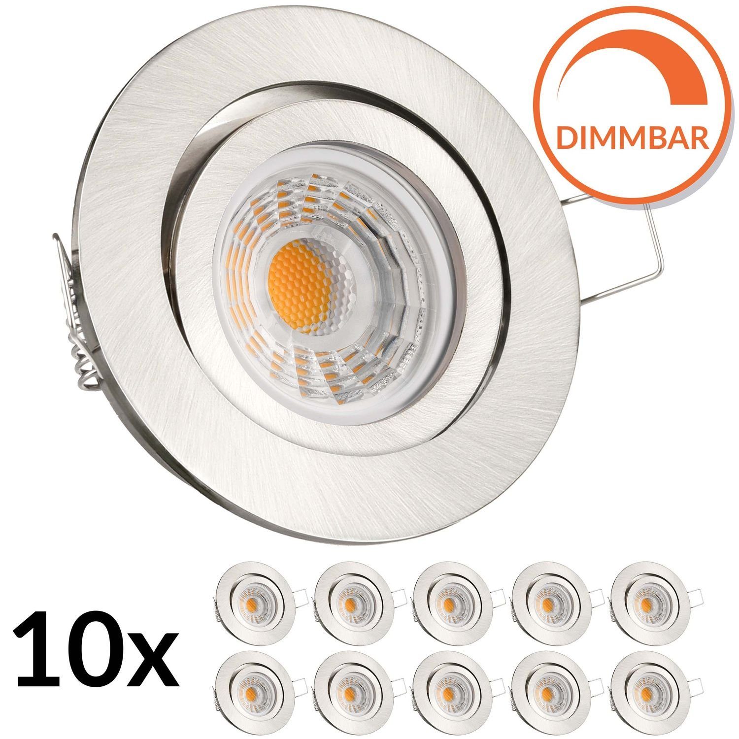 LEDANDO LED Einbaustrahler 10er LED Einbaustrahler Set Silber gebürstet mit LED GU10 Markenstrahl