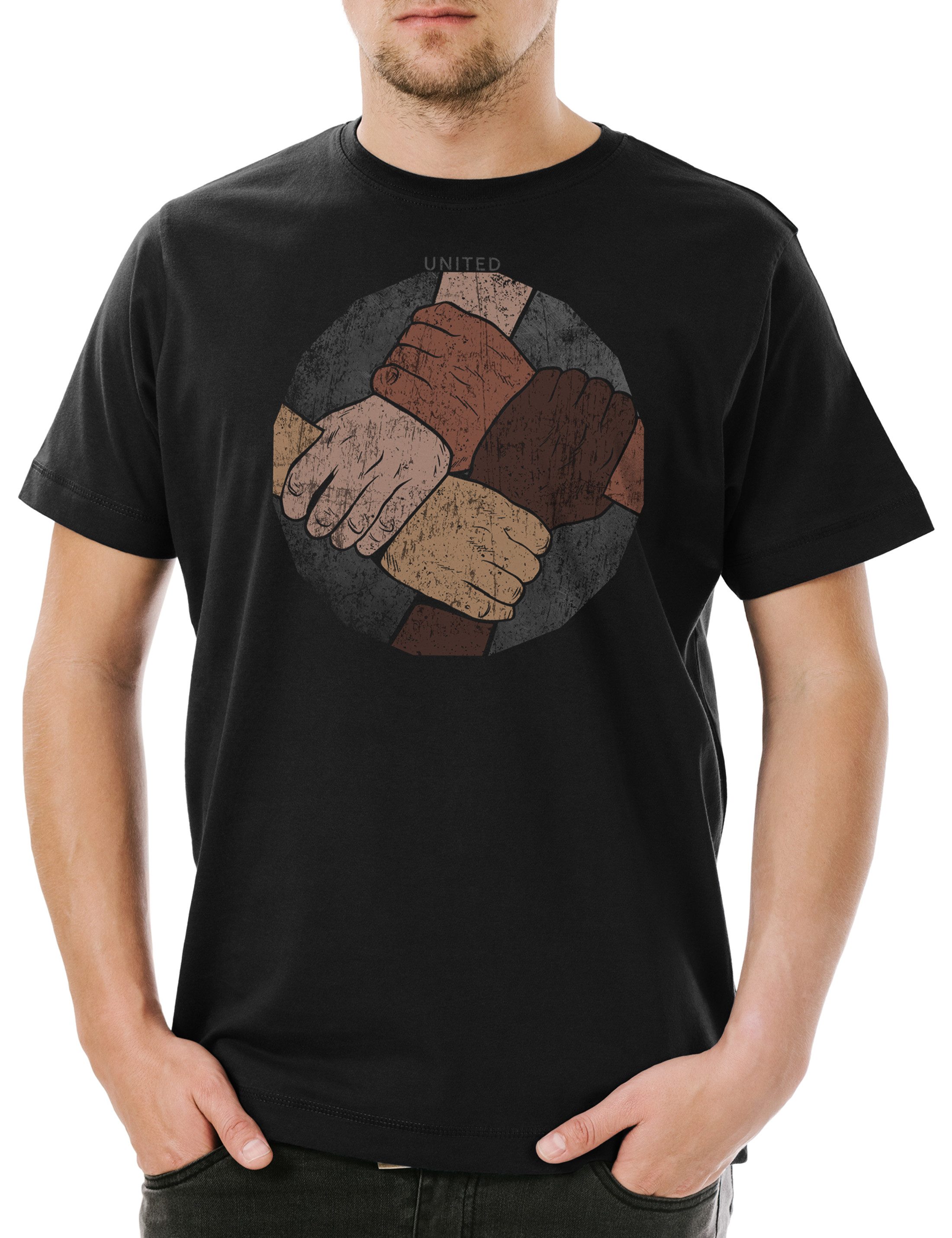 Urban Backwoods Print-Shirt United Herren T-Shirt Ebony Love Black Power Panthers Fist Fists White (1-tlg) No Borders Nations Against