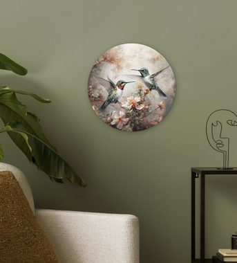 MuchoWow Gemälde Kolibri - Vögel - Blumen - Pflanzen, (1 St), Kreis Wanddekoration Forex, Rundes Wandbild, Wohnzimmer, 30x30 cm