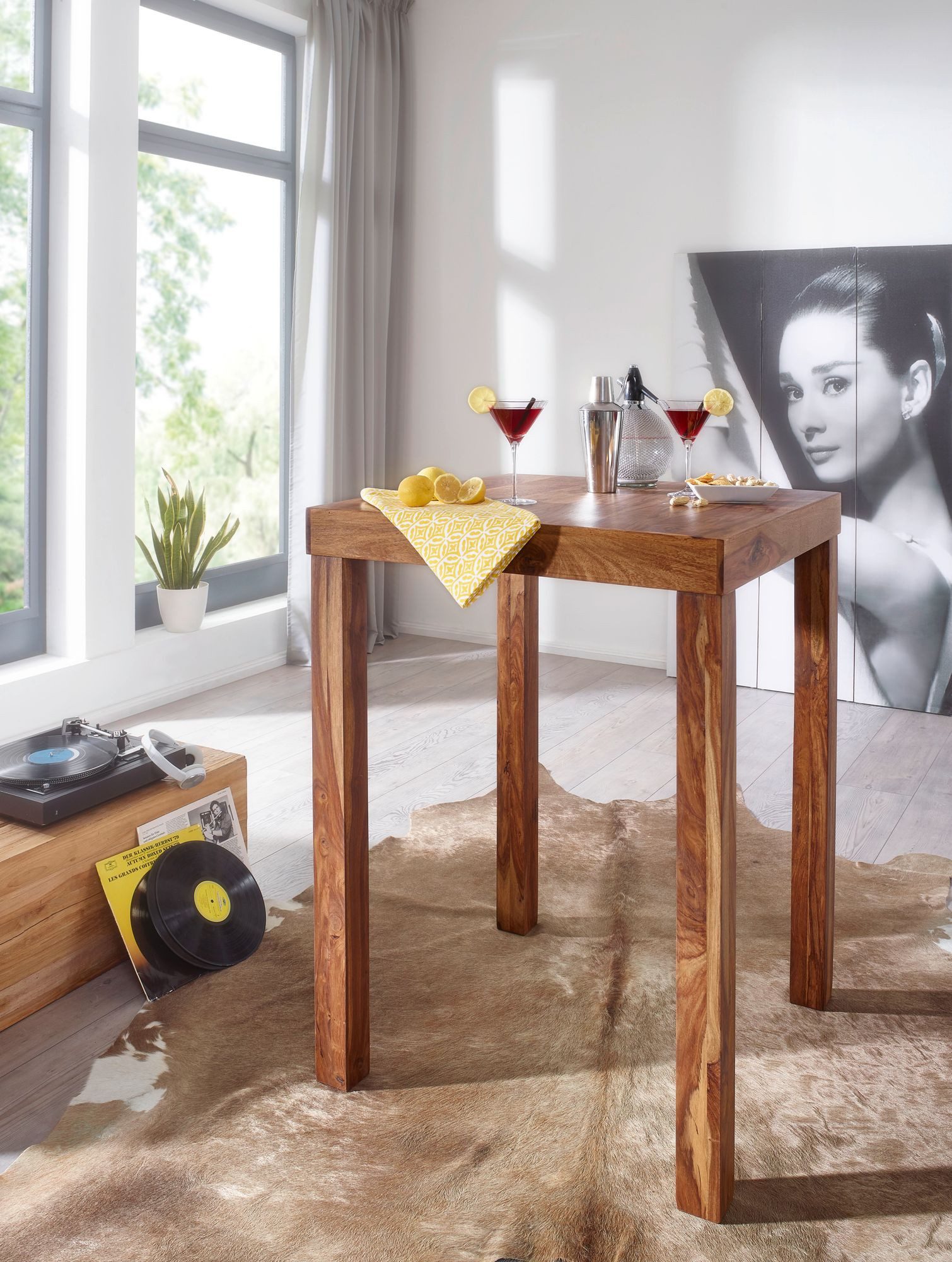 furnicato Stehtisch Bartisch Massivholz Walnuss Finish 80x110x80 cm Braun (1-St), Handgefertigter Stehtisch mit großer Ablagefläche für Getränke