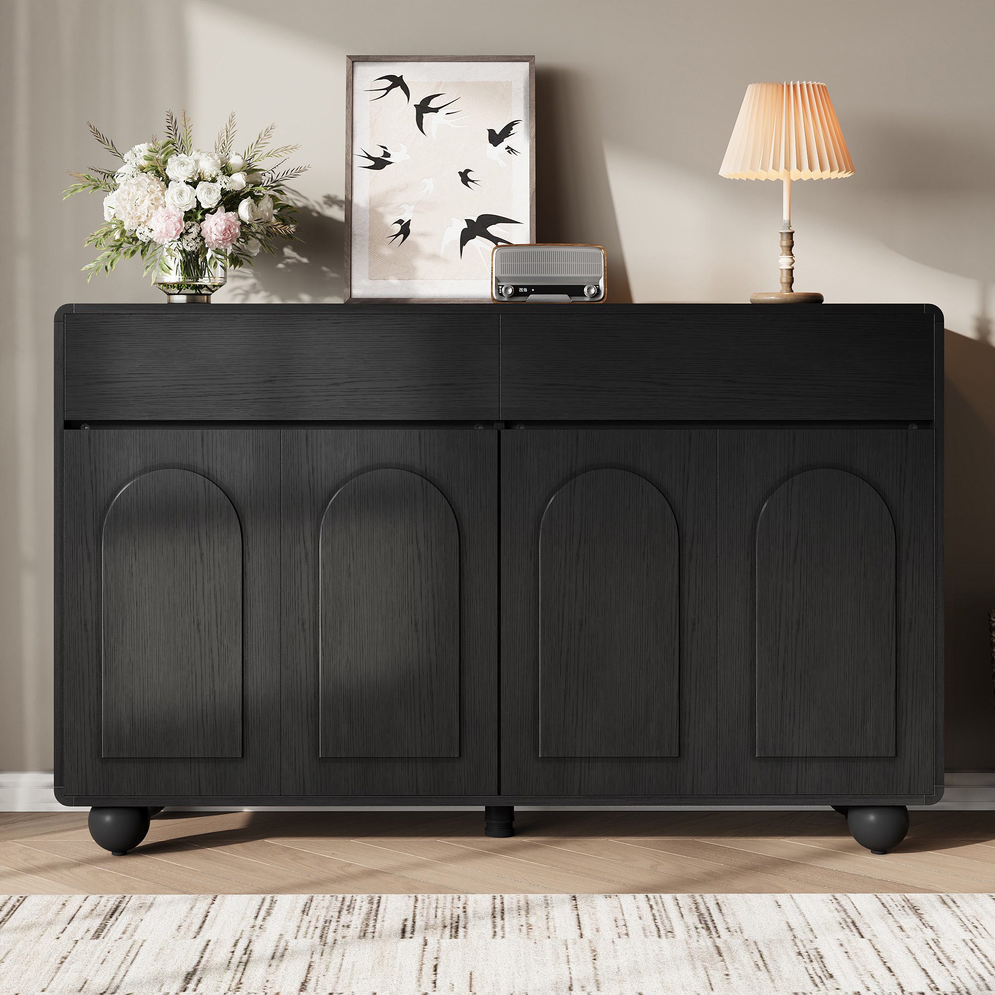 Odikalo Sideboard Kommode Wohnzimmerschrank 2Schübe+4Türen, Bogenfront (höhenverstellbare Regale,runde Metallfüße,stabile PB/MDF-Konstruktion)