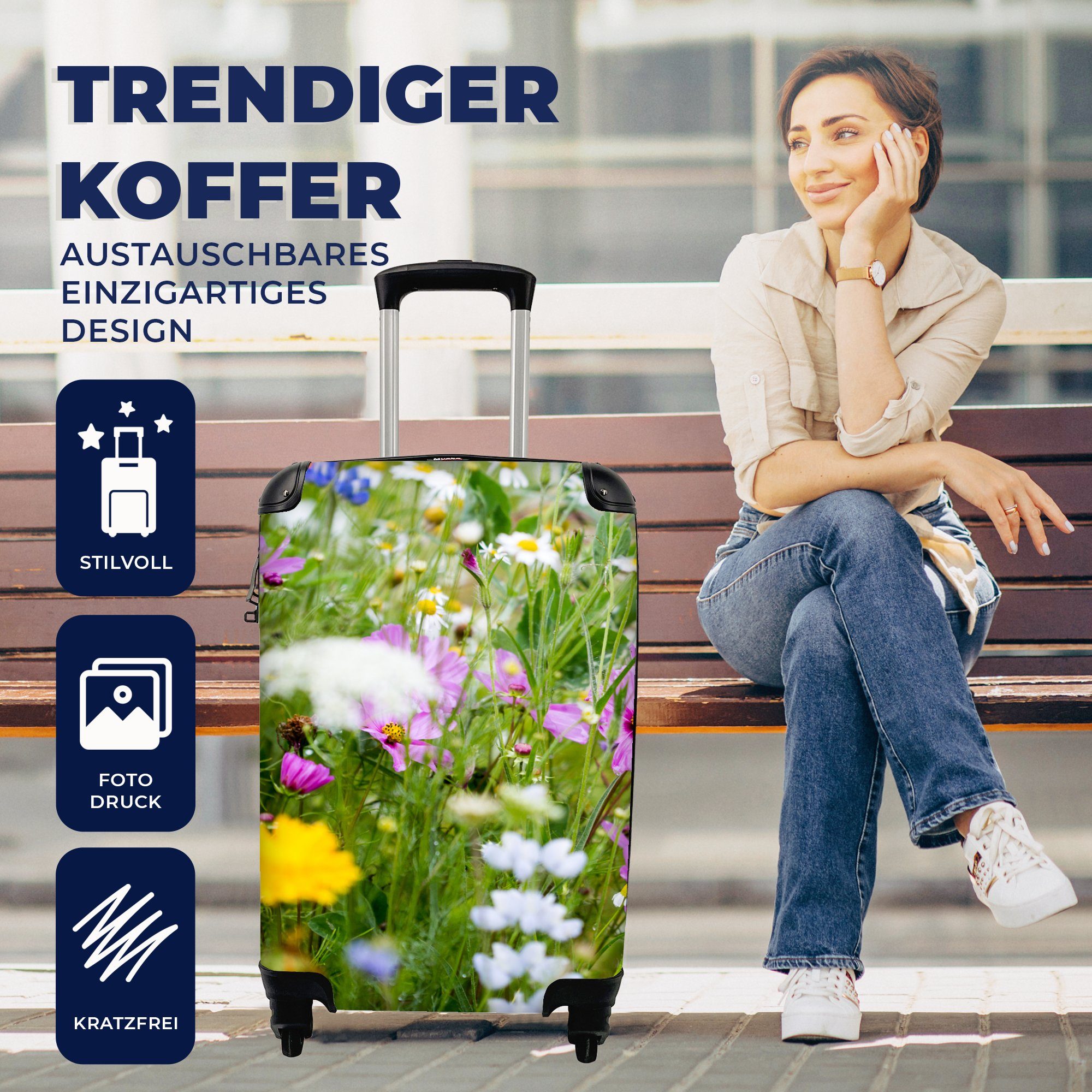 MuchoWow Handgepäckkoffer Blumen - Natur Trolley, Rollen, Ferien, für - Weiß, - - Handgepäck Reisetasche rollen, Lila 4 Grün Gras mit Reisekoffer 