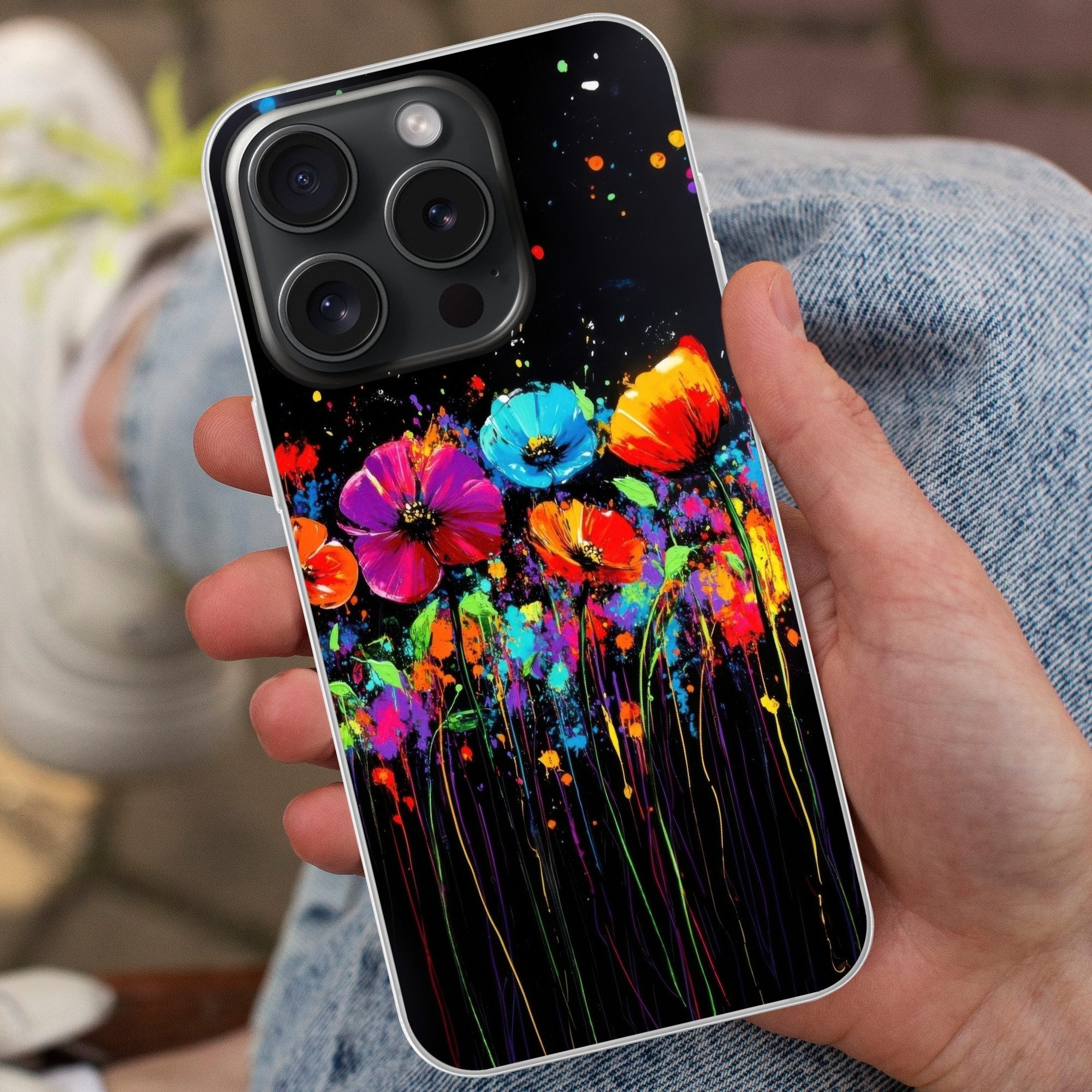 MuchoWow Handyhülle für Apple iPhone 15 Pro Blumen - Bunt - Spritzer, Smartphone-Bumper, Print, Handy Schutzhülle Dünn