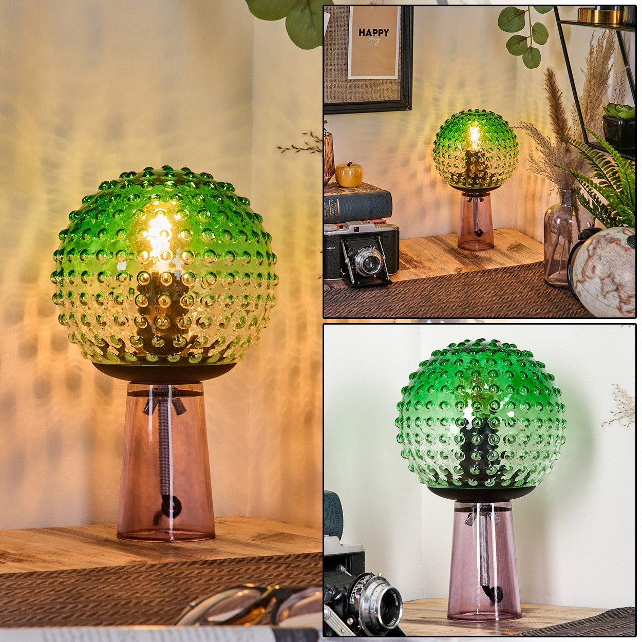 hofstein Tischleuchte Tischlampe aus Glas/Metall in Grün/Klar/Lila/Schwarz, ohne Leuchtmittel, moderne Leuchte aus Glas (16,5 cm), Schalter am Kabel, E27