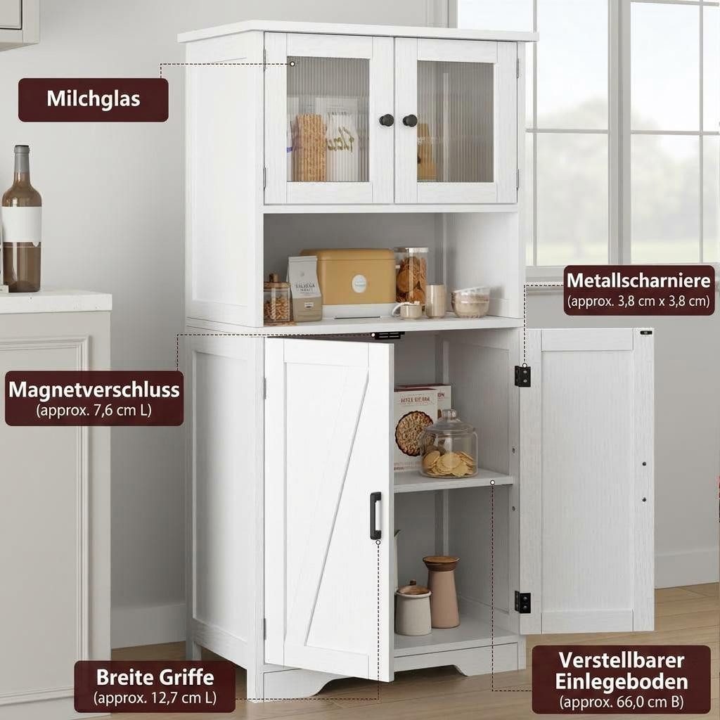 GarveeMore Hochschrank mit 4 Türen,Hochschrank Buffetschrank mit verstellbarem Einlegeboden Vitrinenschrank mit 4 Fächer für Küche Wohnzimmer Badezimmer,128cm