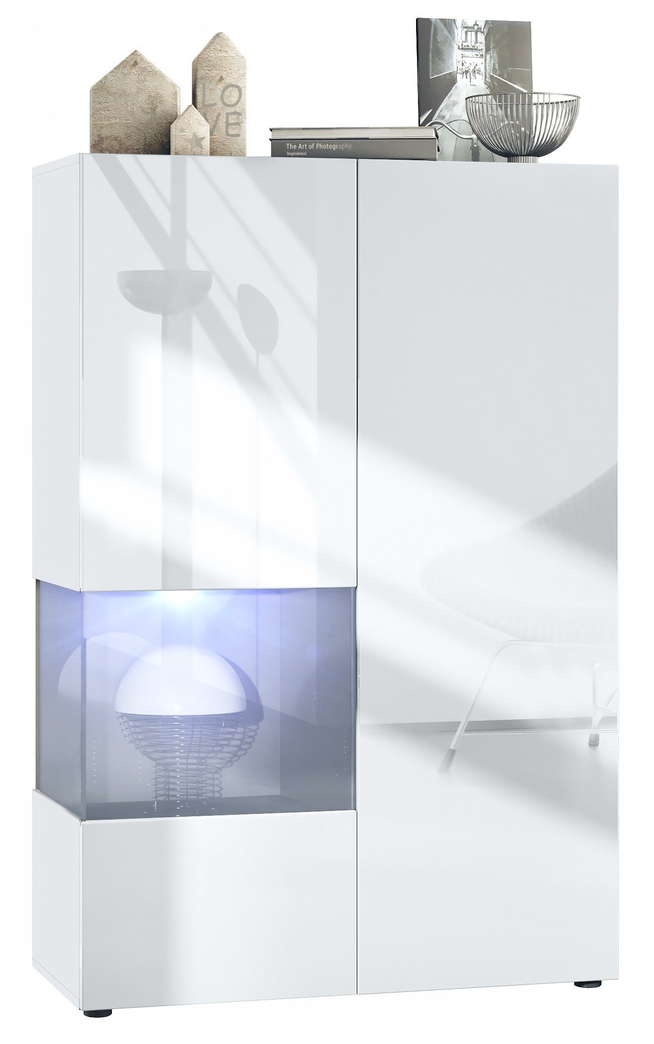 Vladon Standvitrine Morena V2 (Standvitrine, mit 2 Türen und Glaseinsatz inkl. LED-Beleuchtung) Weiß matt/Weiß Hochglanz/Grau Hochglanz (91,5 x 136,5 x 37 cm)