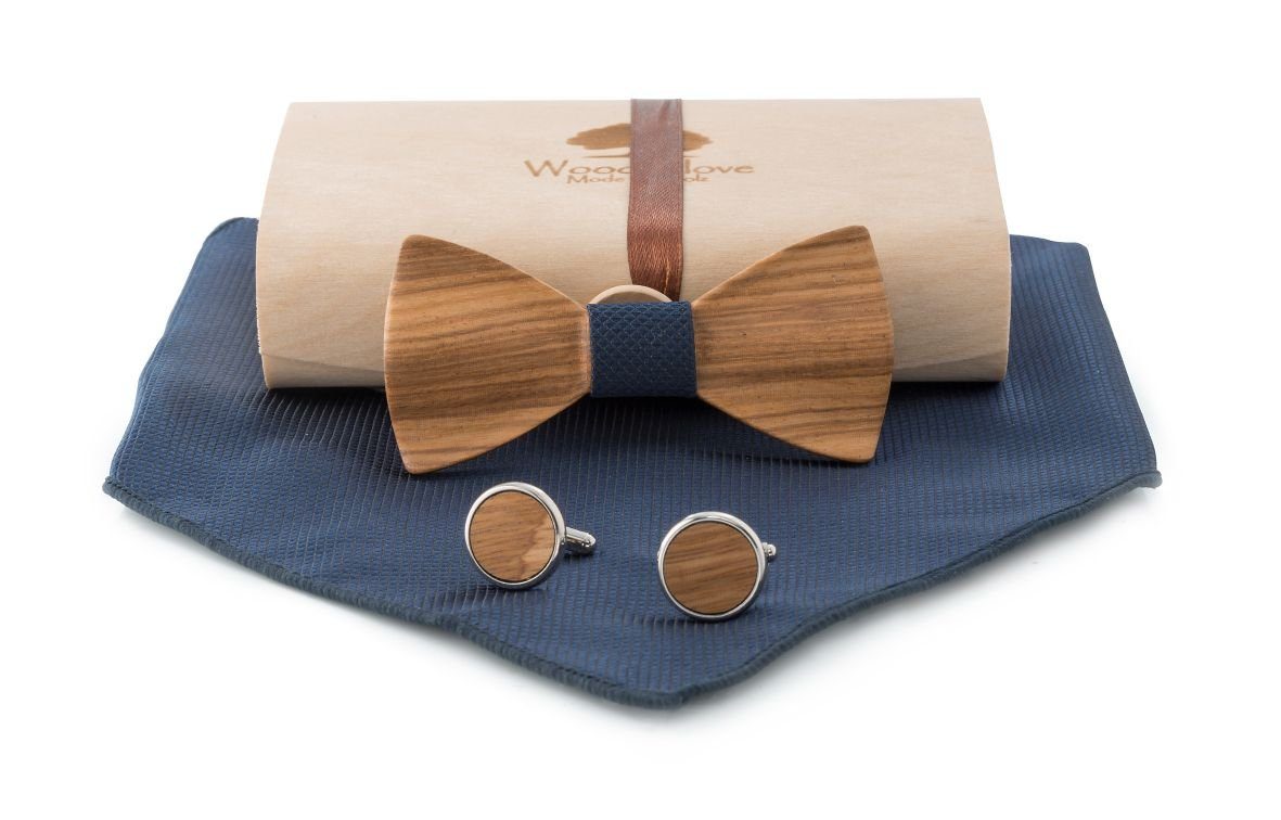 Woodenlove Kinderfliege Holz Mickey (Set, Kinderholzfliege, Manschettenknöpfe, Einstecktuch, Geschenkbox) elastisch Blau