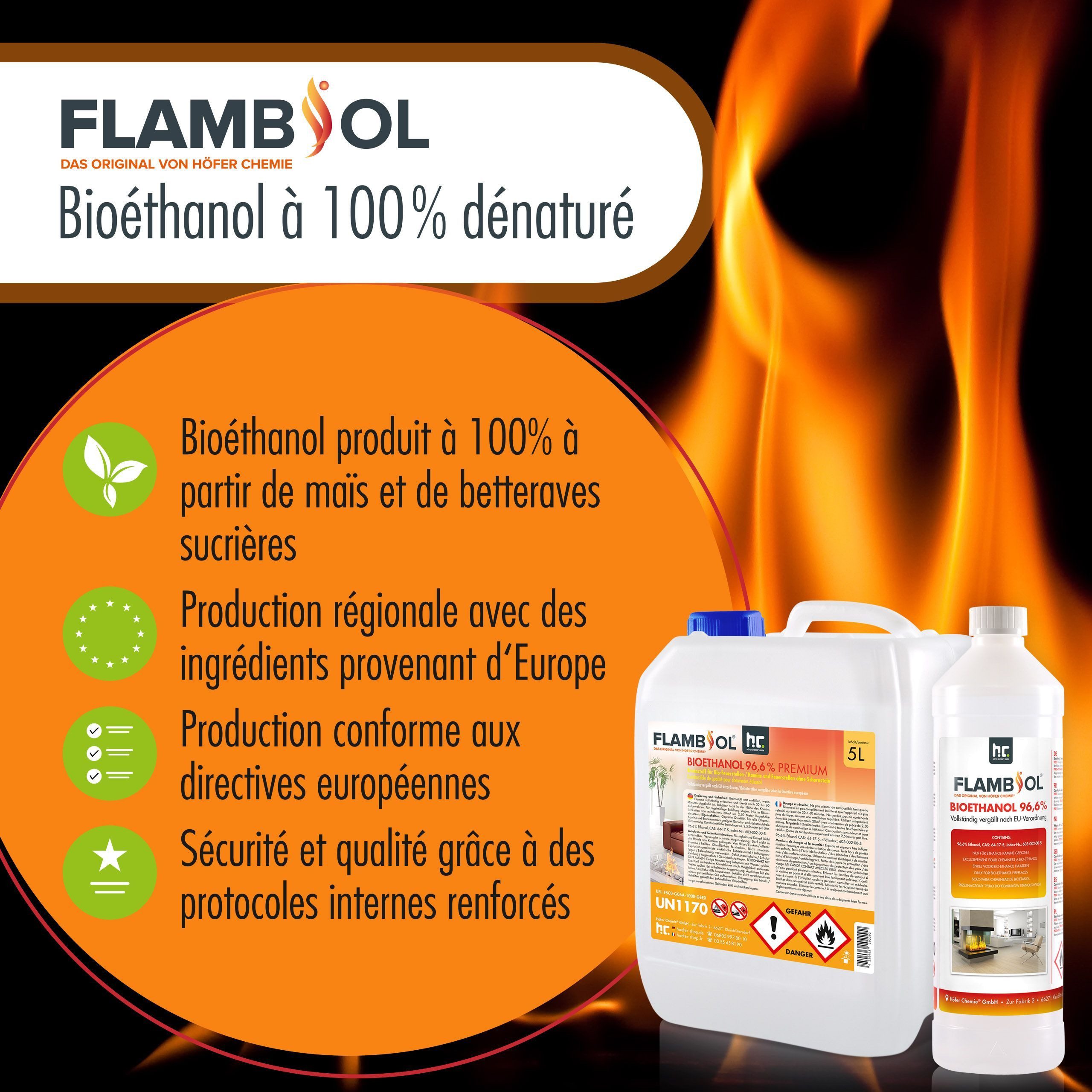 Höfer Chemie GmbH Bioethanol 20 L FLAMBIOL® Bioethanol 96,6% Premium für Ethanolkamin in Kanistern, 20 l, (1-St), Sauberer Brennstoff für Kamine und Feuerstelle – Bild 5 von 5