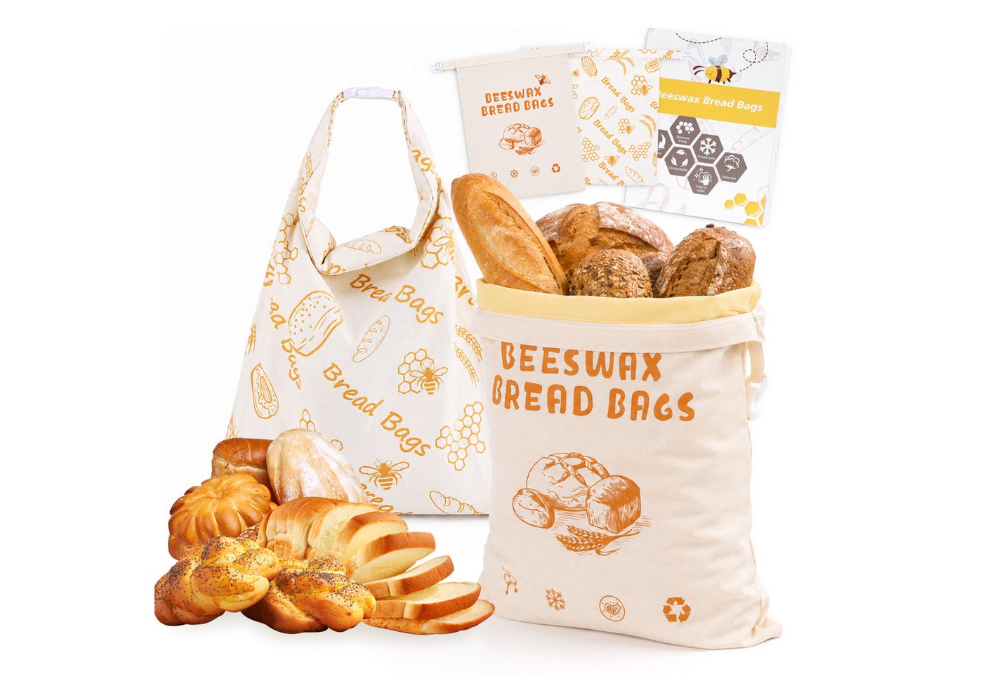 QUBEBU Brottasche 2Stück XL Brottasche aus Baumwolle Wiederverwendbar Brotbeutel 43x34cm, (Waschbar Brotsack Hält Brot Länger Frisch für Brötchen, Gebäck, Brot, 2-tlg., Lebensmittelechte Brotbeutel, Brotkorb und Beutel, Gefriersicher), Bienenwachs-Brotbeutel mit Reißverschluss und Verstellbarer Griff