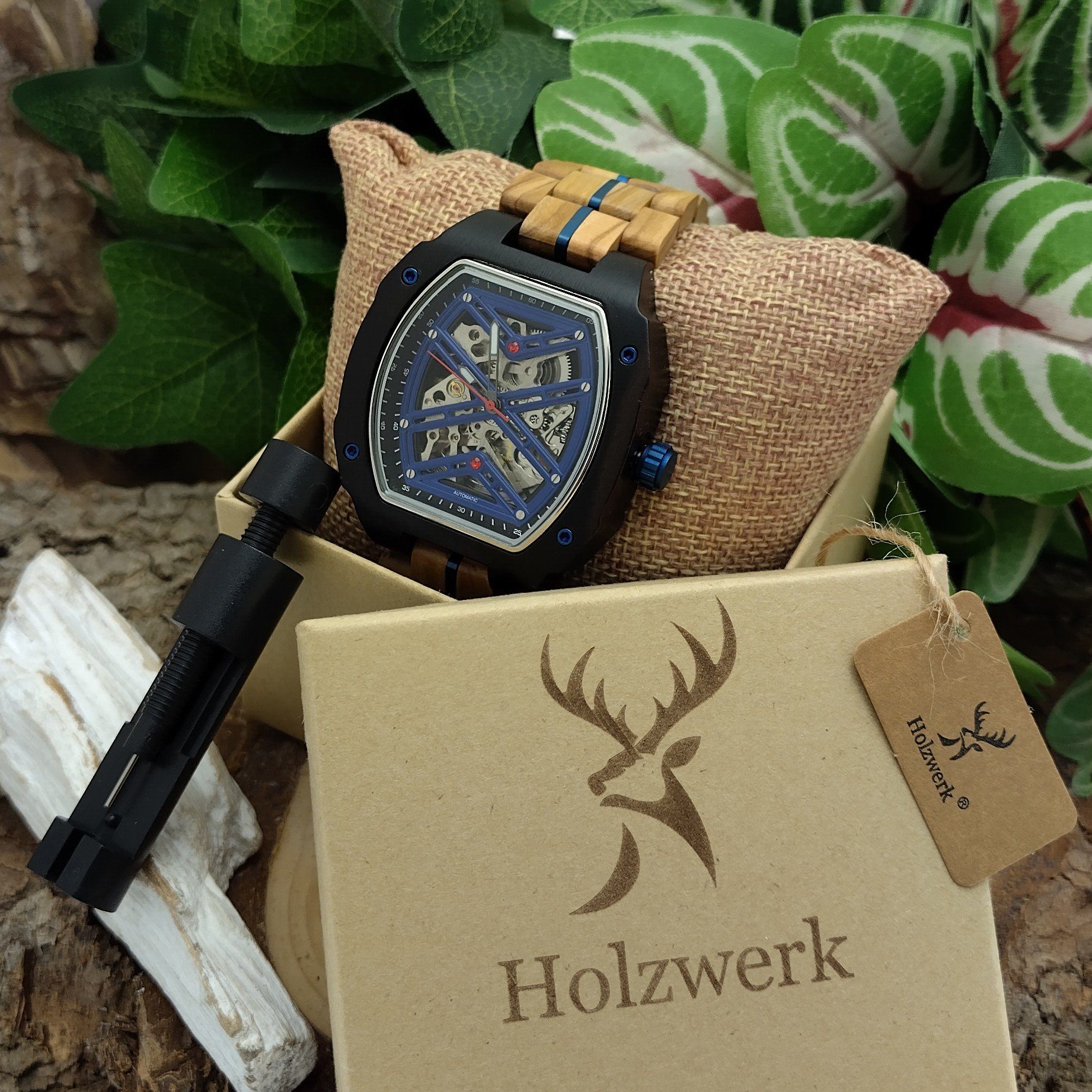 Holzwerk Automatikuhr & Armband Holz Uhr beige, Tonneau in CASTROP schwarz Herren blau