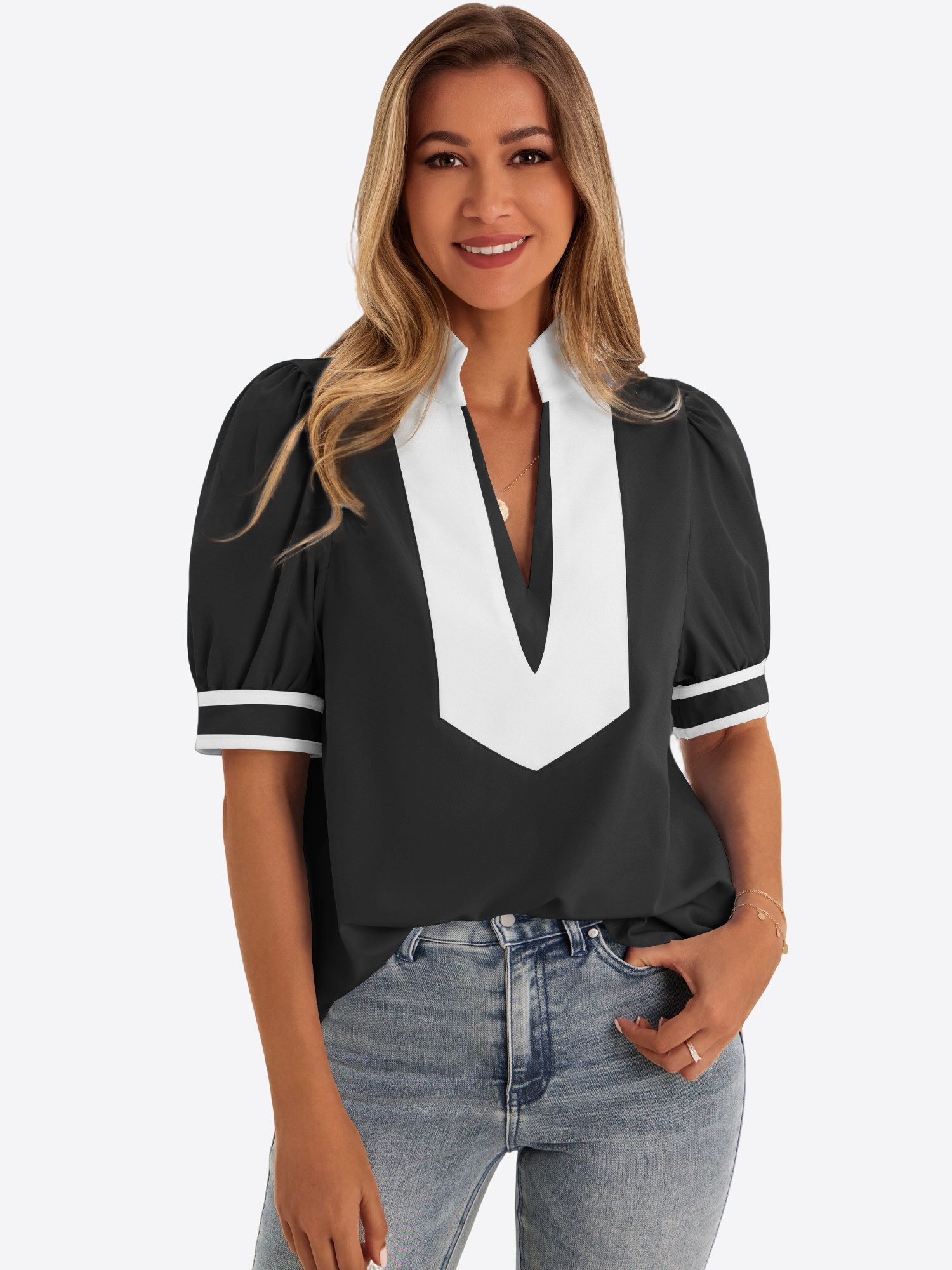 Imily Bela T-Shirt Damen Puffarmbluse mit V-Ausschnitt (Packung, 1-tlg., 1p günstig online kaufen