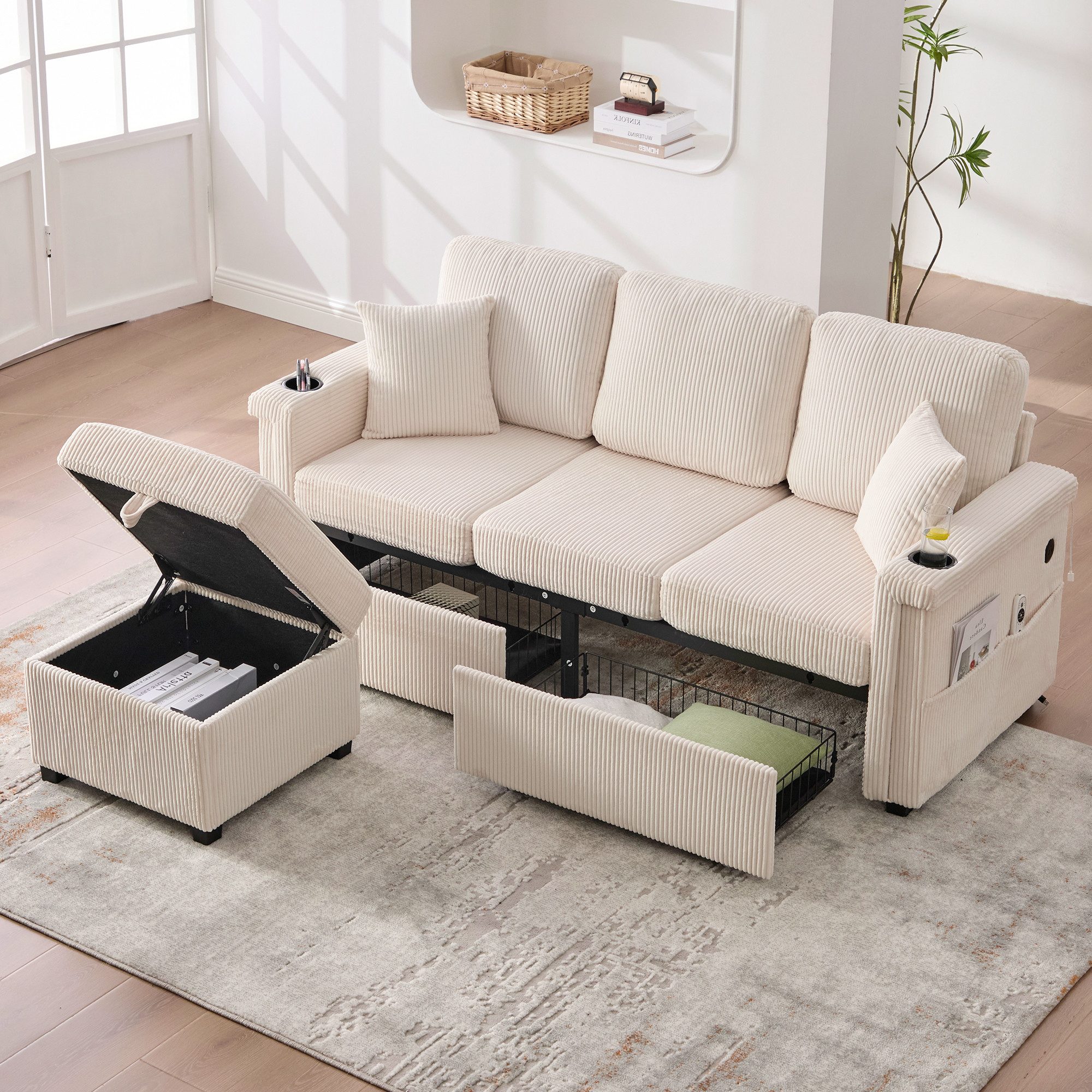 STILVORA Schlafsofa mit Fußteil,Dreisitzer mit LED&USB,Ecksofa mit Stauraum,Beige