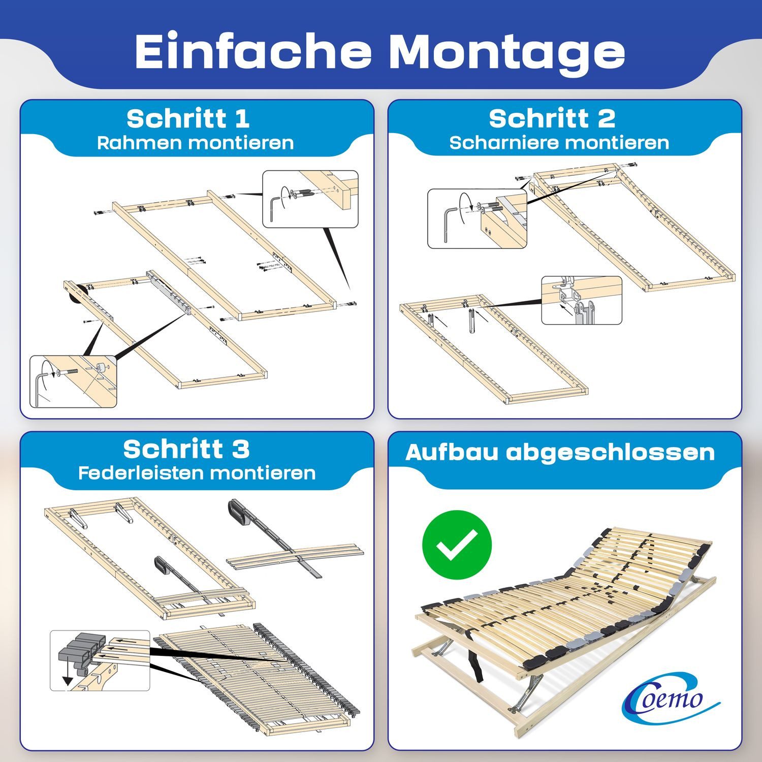 Lattenrost PREMIUM KF, Coemo, Kopfteil manuell verstellbar, Fußteil manuell verstellbar, 80x200 cm sehr stabiler Lattenrost 42 Leisten Trio Kappen zerlegt DIY