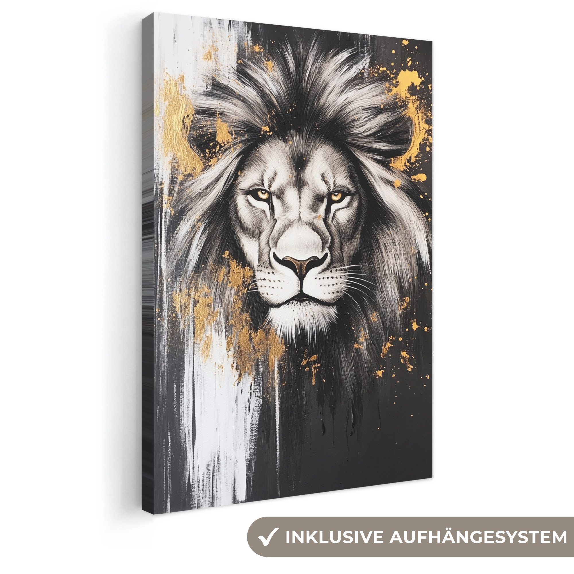 OneMillionCanvasses® Leinwandbild Löwe - Porträt - Farbkleckse - Grau, Fotodruck (1 St), Leinwand Canvas Wandbild, Wanddekoration 20x30 cm