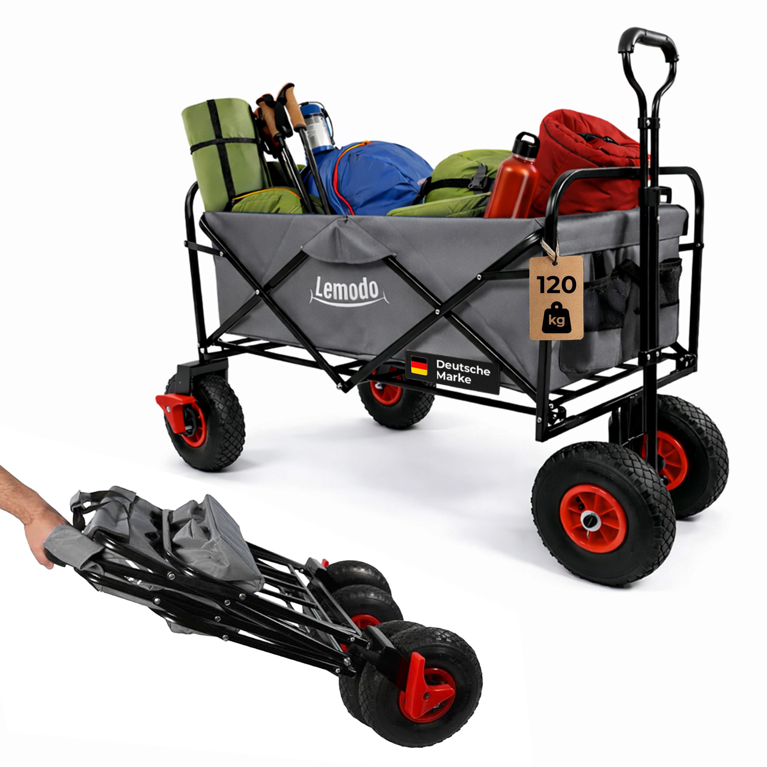 Lemodo Bollerwagen Bollerwagen faltbar, Handwagen mit 120 kg Zuladung und Luftreifen, faltbar