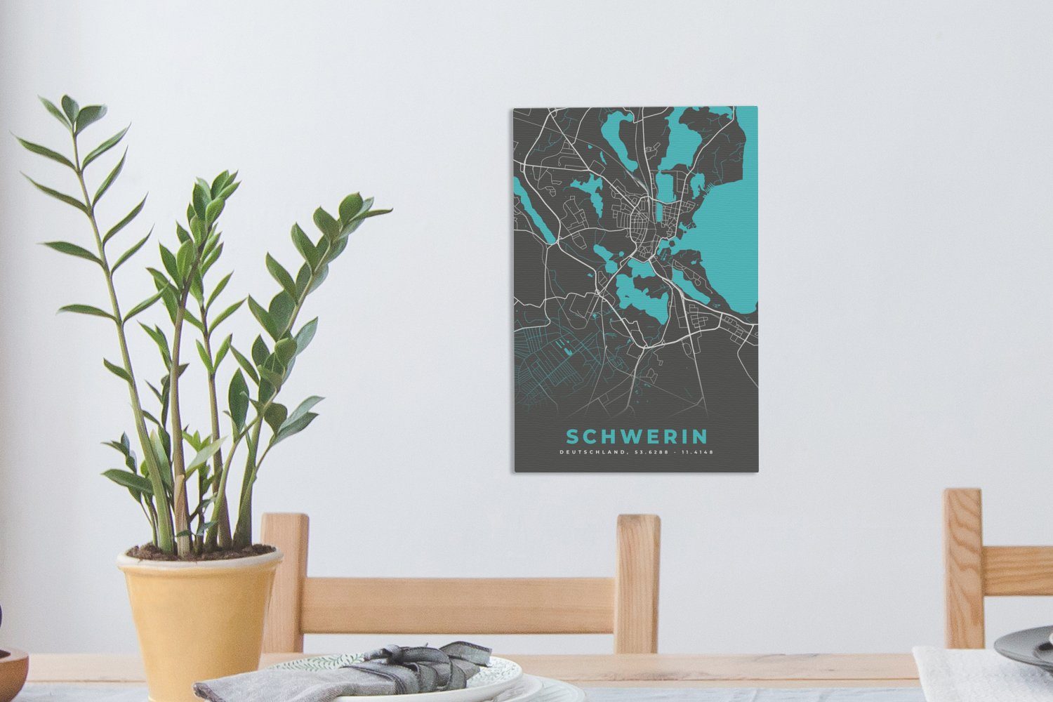 OneMillionCanvasses® Leinwandbild 20x30 - St), cm Schwerin Karte, - fertig Gemälde, (1 - inkl. - Deutschland Stadtplan Blau bespannt Zackenaufhänger, Leinwandbild