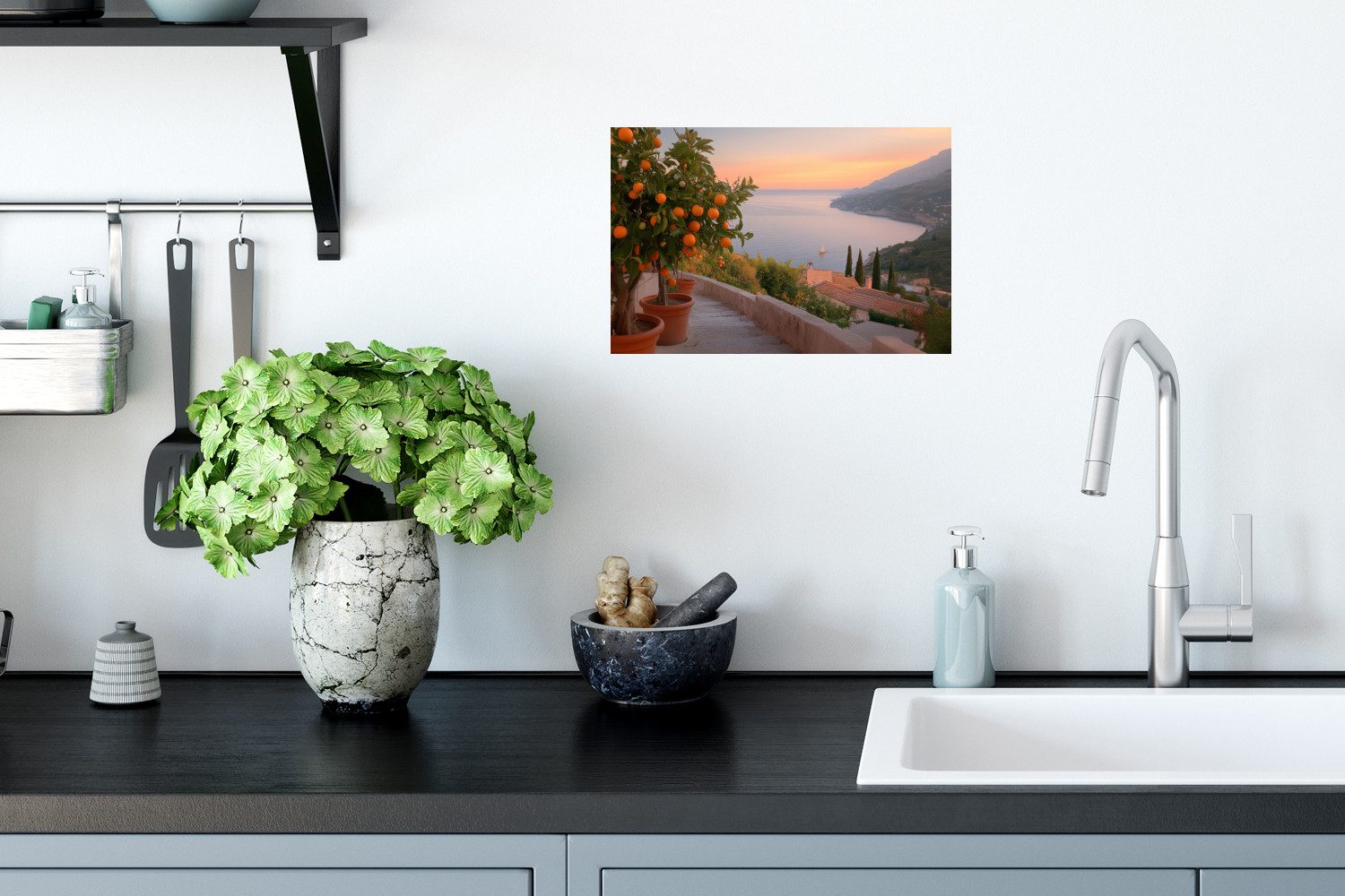 MuchoWow Wandsticker Mittelmeer - Orange - Hügel - Meer (1 St), Wandtattoo, Selbstklebend, Wohnzimmer, 30x20 cm