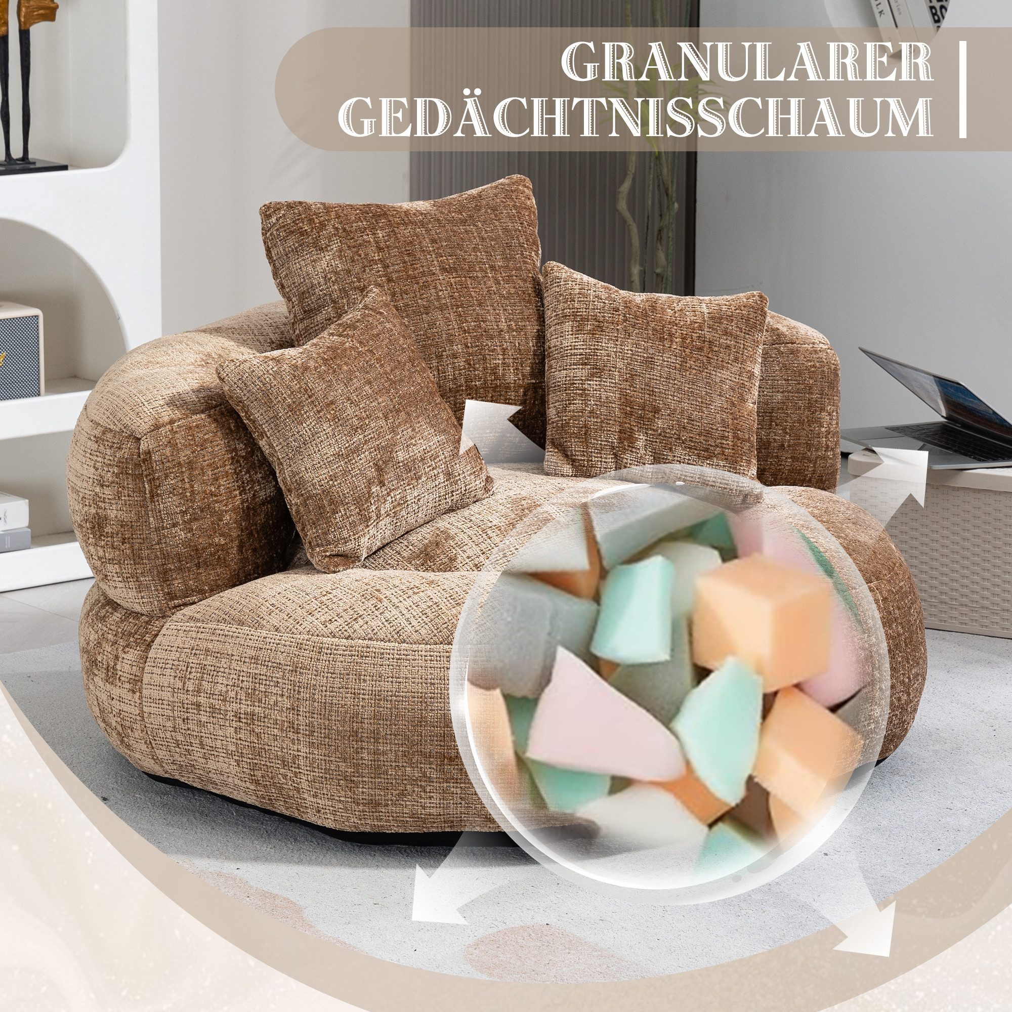 STILVORA Relaxsessel Indoor & Outdoor Sitzsack bean bag sofa mit hohen Rücken,Lazy Sofa (Lazy Sofa mit hohem Rücken und 3 Kissen – Ergonomischer Sitzsack für Erwachsene & Kinder, Chenille-Stoff, für Wohnzimmer, Büro & Schlafzimmer, Komfortabler Lounger, Gaming Stuhl, 150 kg Kapazität), 108 x 108 x 52 cm