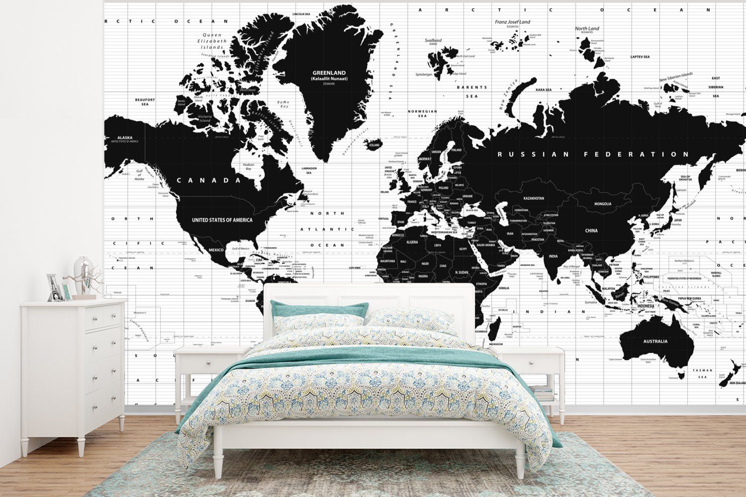 MuchoWow Fototapete Weltkarte - Schwarz - Weiß - Atlas - Erde - Bildung, Matt, bedruckt, (6 St), Wallpaper für Wohnzimmer, Schlafzimmer, Kinderzimmer, Vinyl Tapete