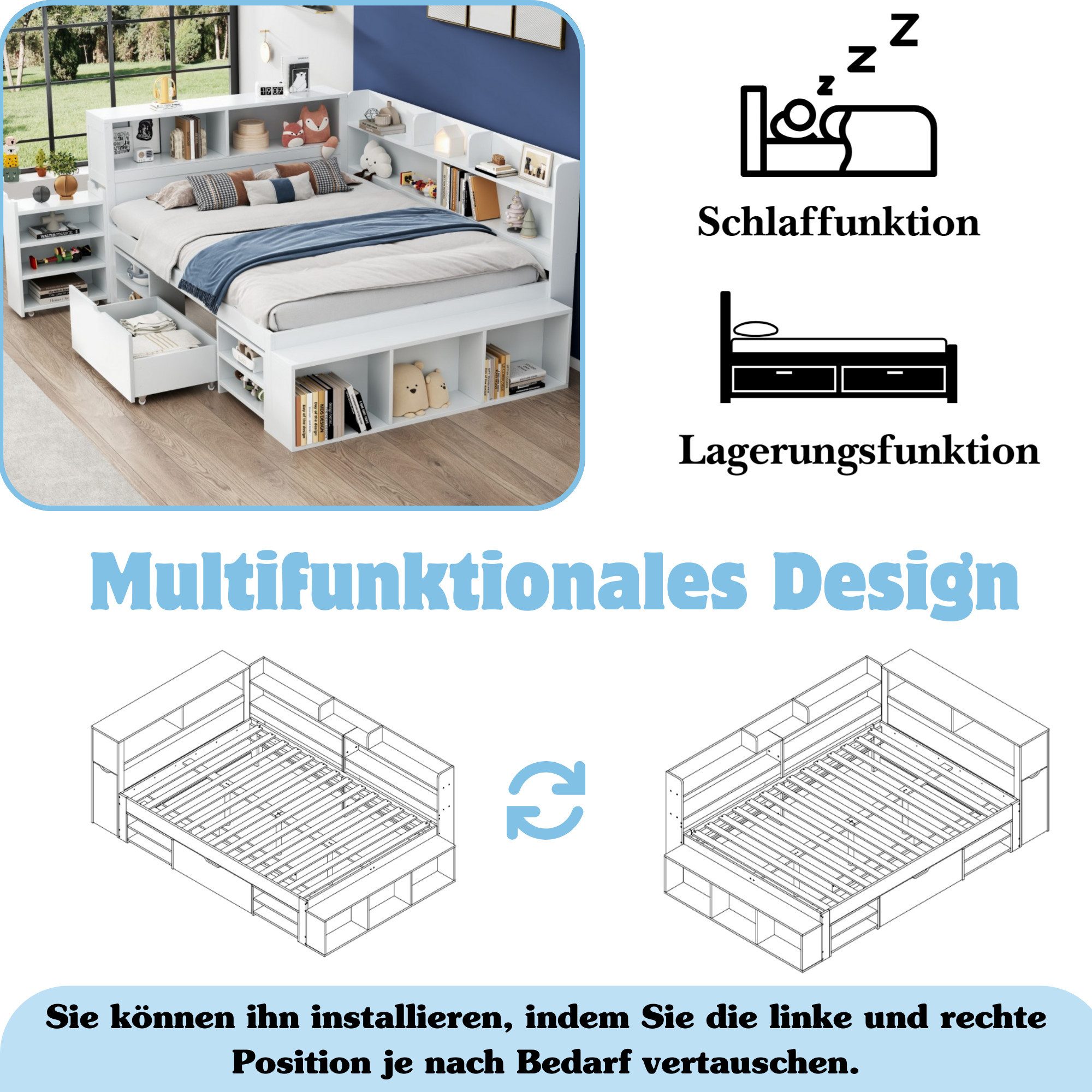 i@home Stauraumbett Stauraumbett 90/140x200 cm mit Regal & Schubladen, Multifunktion weiß (4-tlg), Multifunktionales Bett mit Regal und Stauraum – Bild 4 von 5
