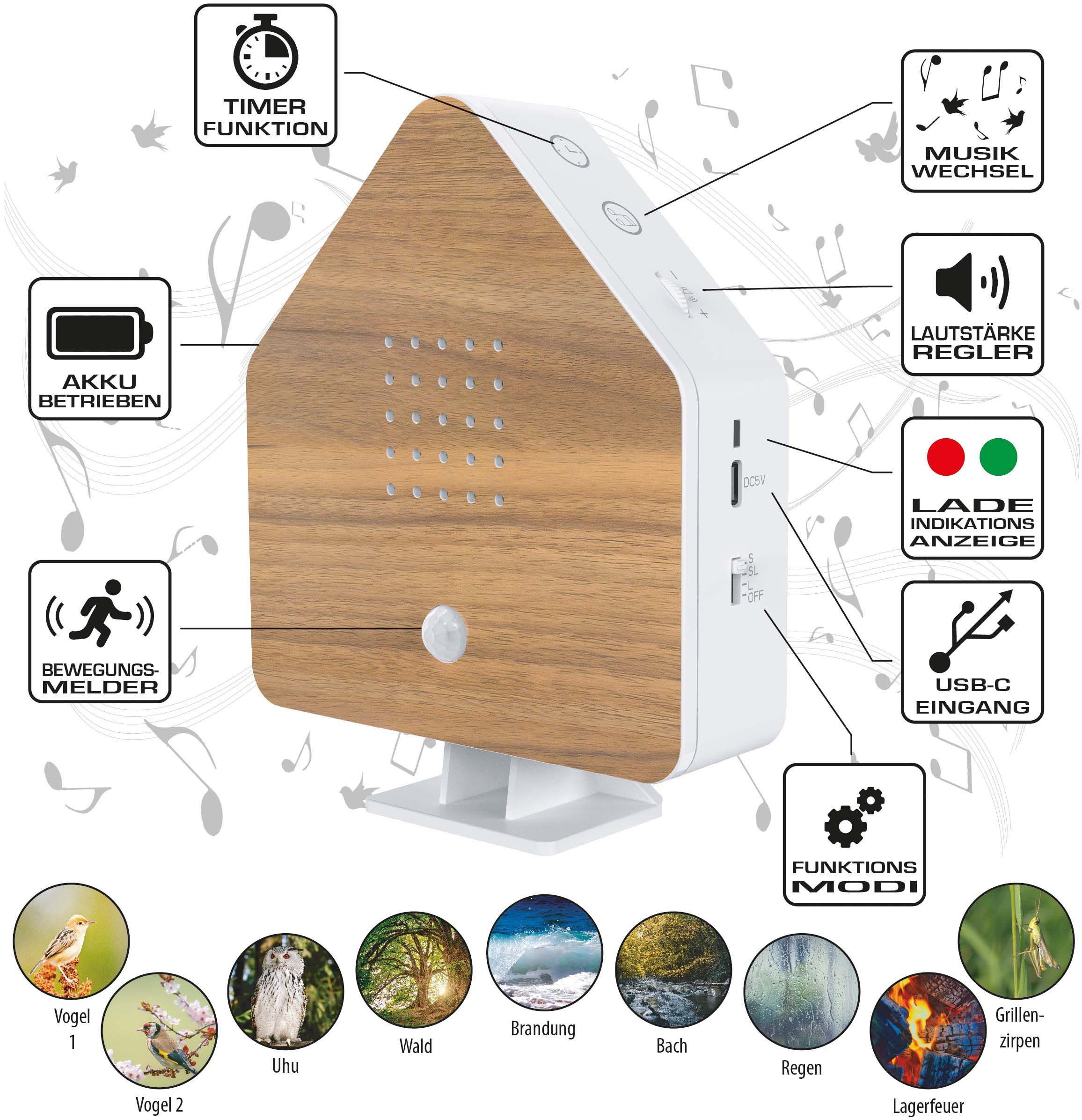 Northpoint LED Dekolicht Naturgeräuschebox Vogelzwitscher Bewegungsmelder Licht Aufladbar