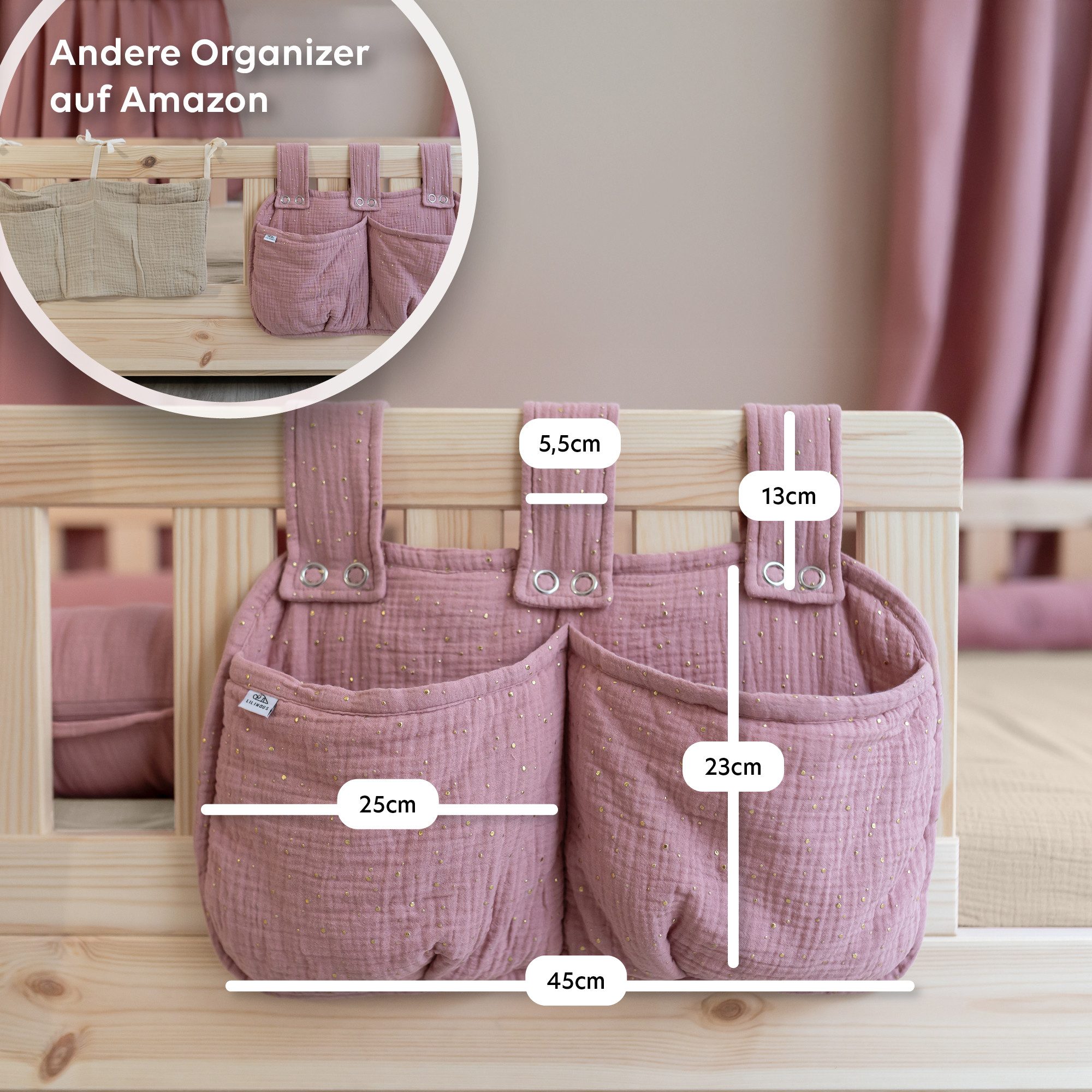lilimaus Betttasche Bett-Organizer für Kinderbett - Tasche für Spielzeug & Bücher (1-tlg), Bücher & Kuscheltiere griffbereit am Bett - optional mit Gold – Bild 4 von 5